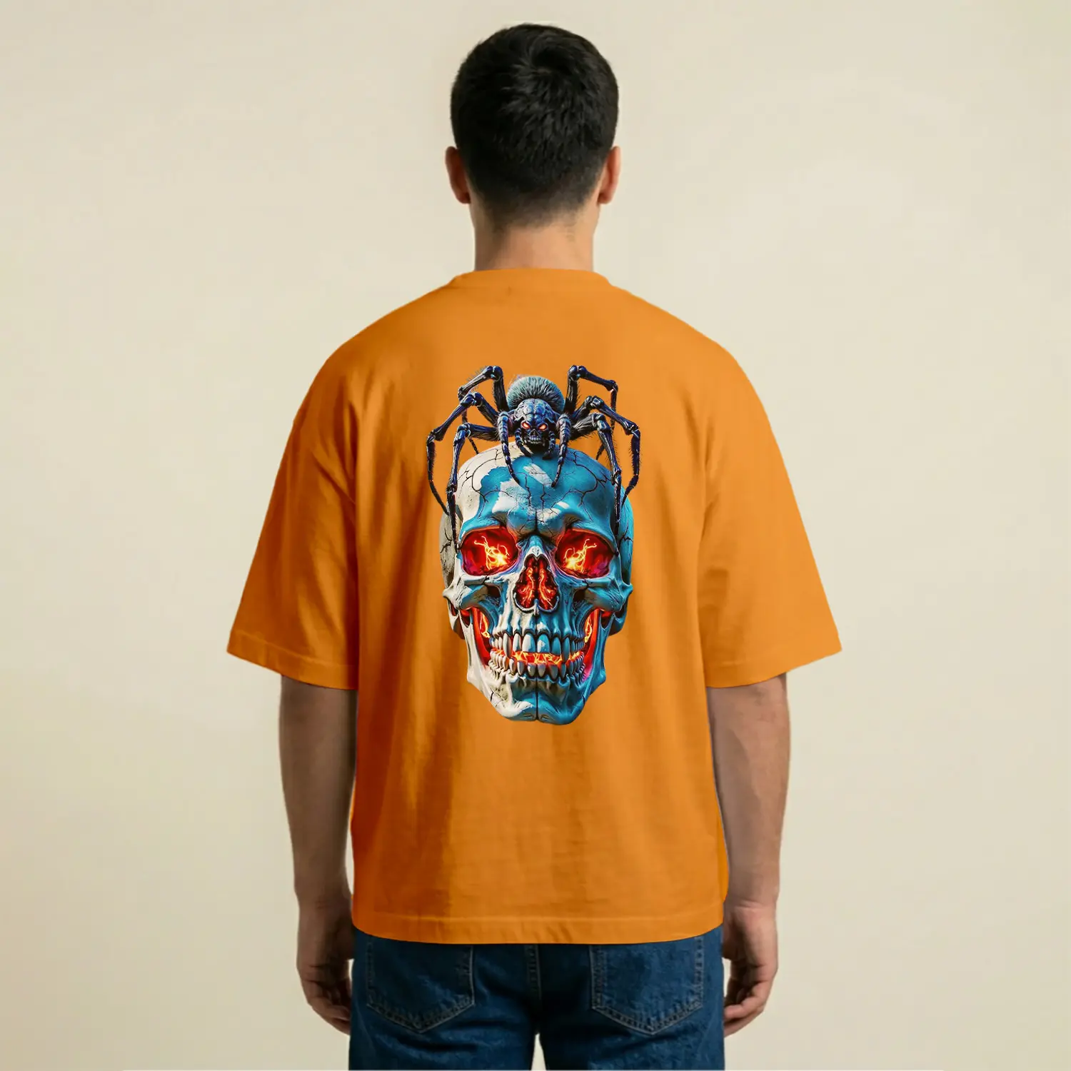 Alevli Kafatası Ve Örümcek Desenli Baskılı Erkek Tişört