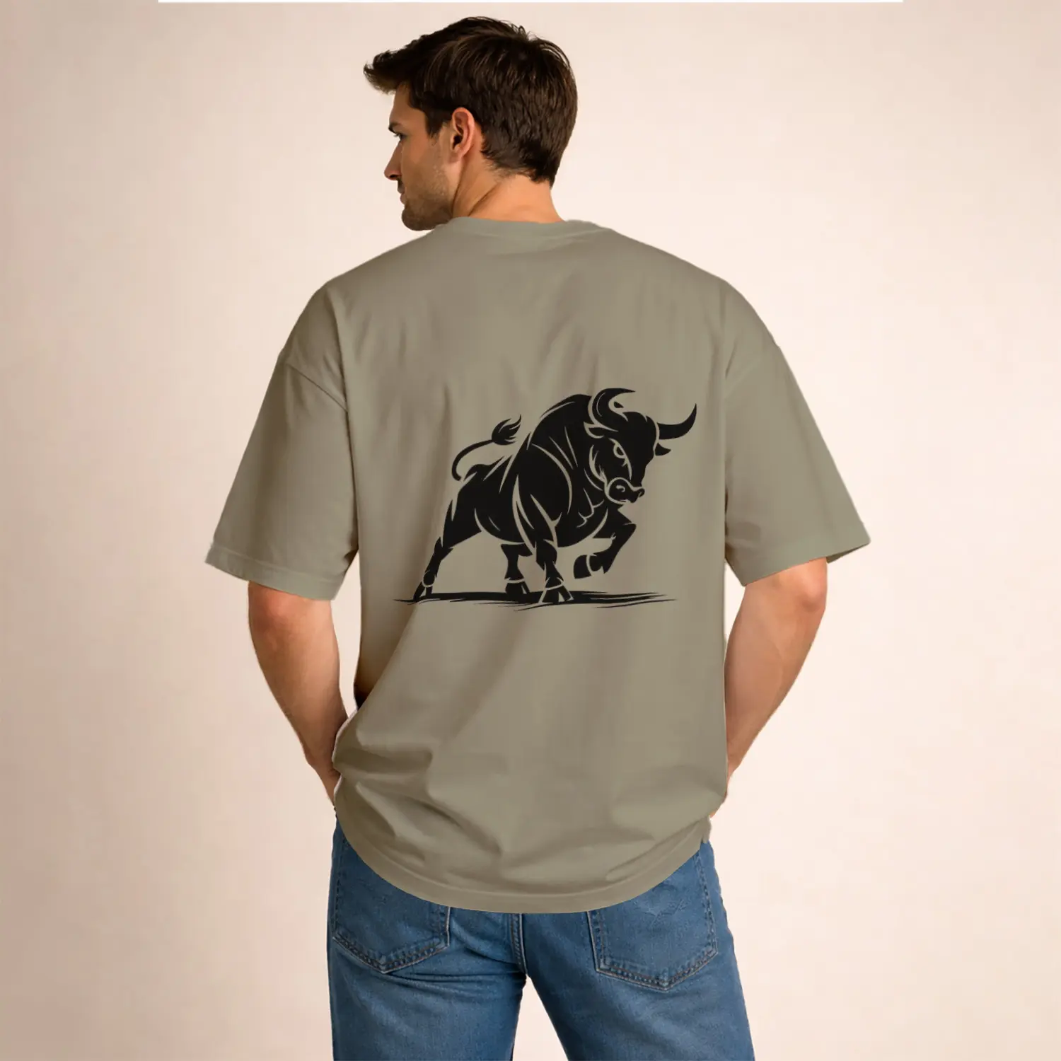 Asil Güçlü Boğa Figürlü Baskılı Erkek Tişört