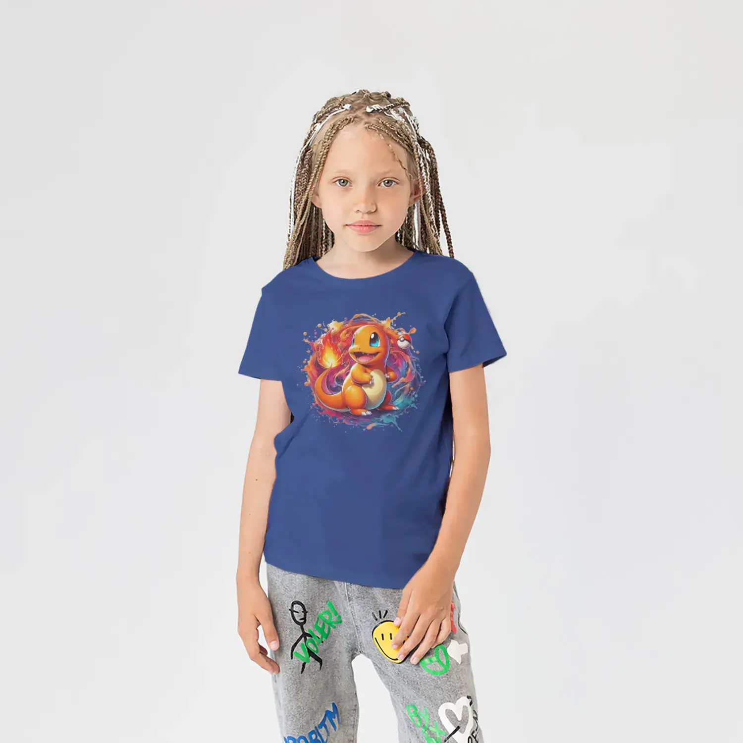 Ateşli Turuncu Küçük Ejder Renkli Boya Sıçramalı Baskılı Kız Çocuk Tişörtü
