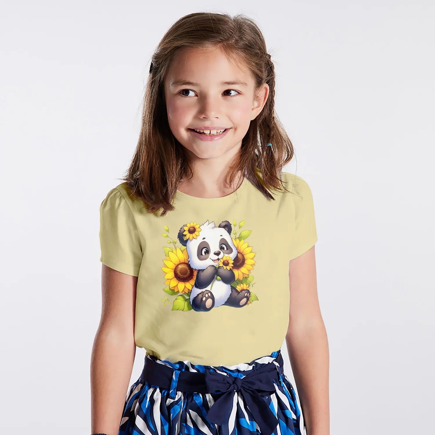 Ayçiçekli Sevimli Panda Figürlü Baskılı Kız Çocuk Tişörtü