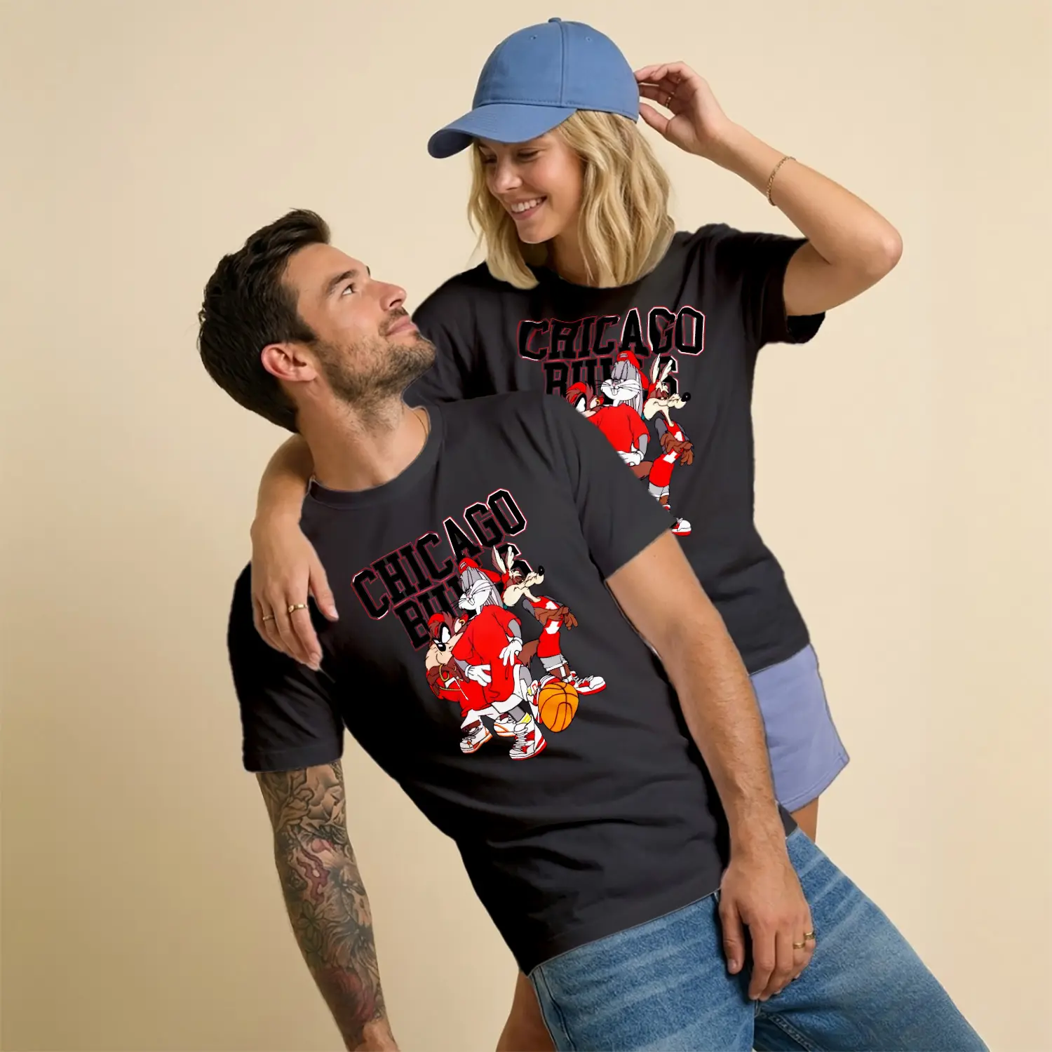 Basketbol Temalı Çizgi Film Karakterleri Chicago Yazılı Grup Baskılı Unisex Tişört