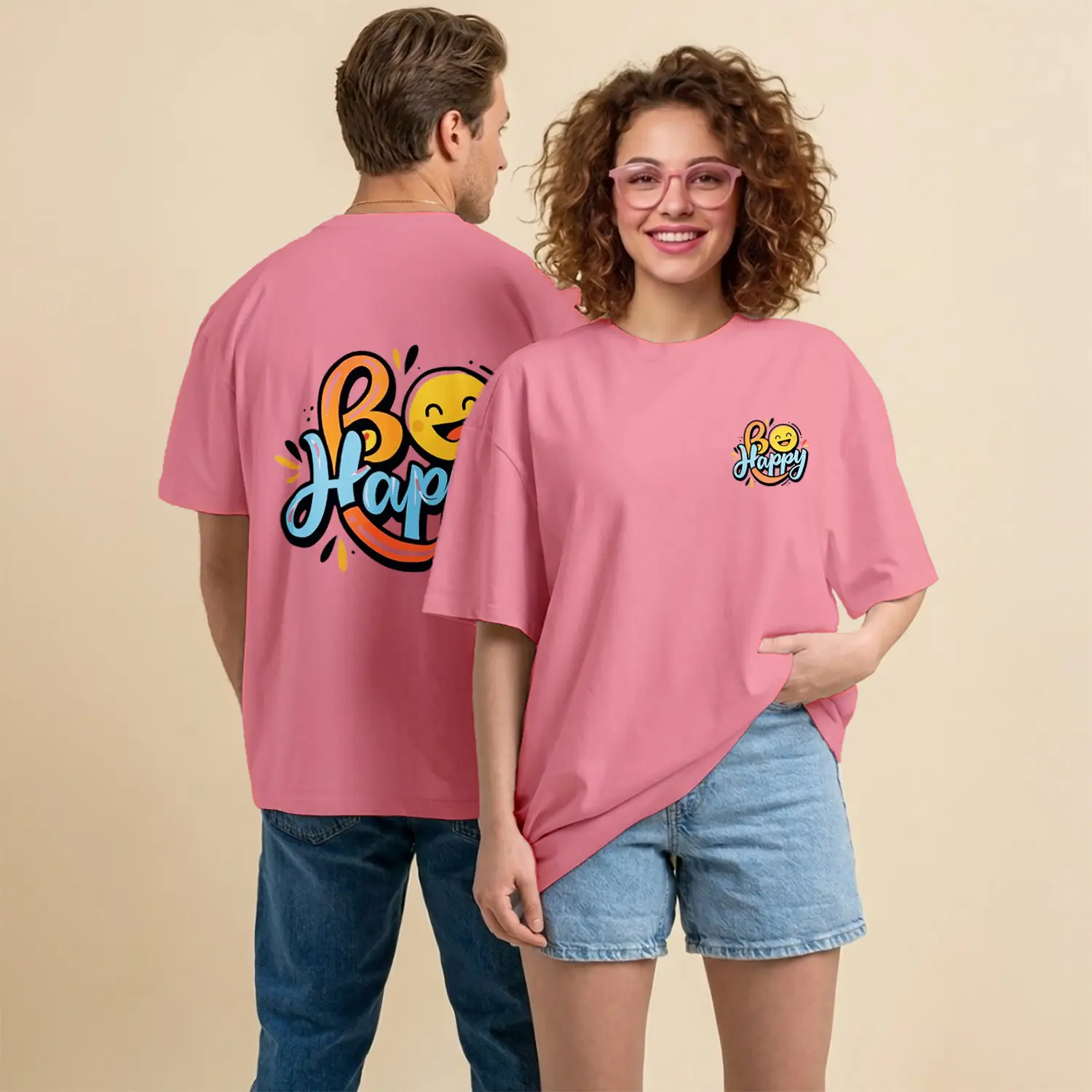 Be Happy Smiley Renkli Yazı Baskılı Unisex Tişört