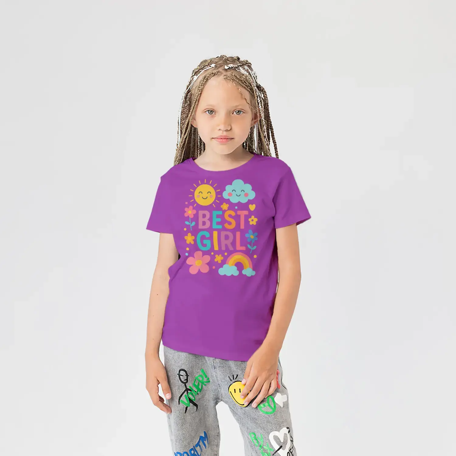 Best Girl Güneş ve Gökkuşağı Baskılı Kız Çocuk Tişörtü