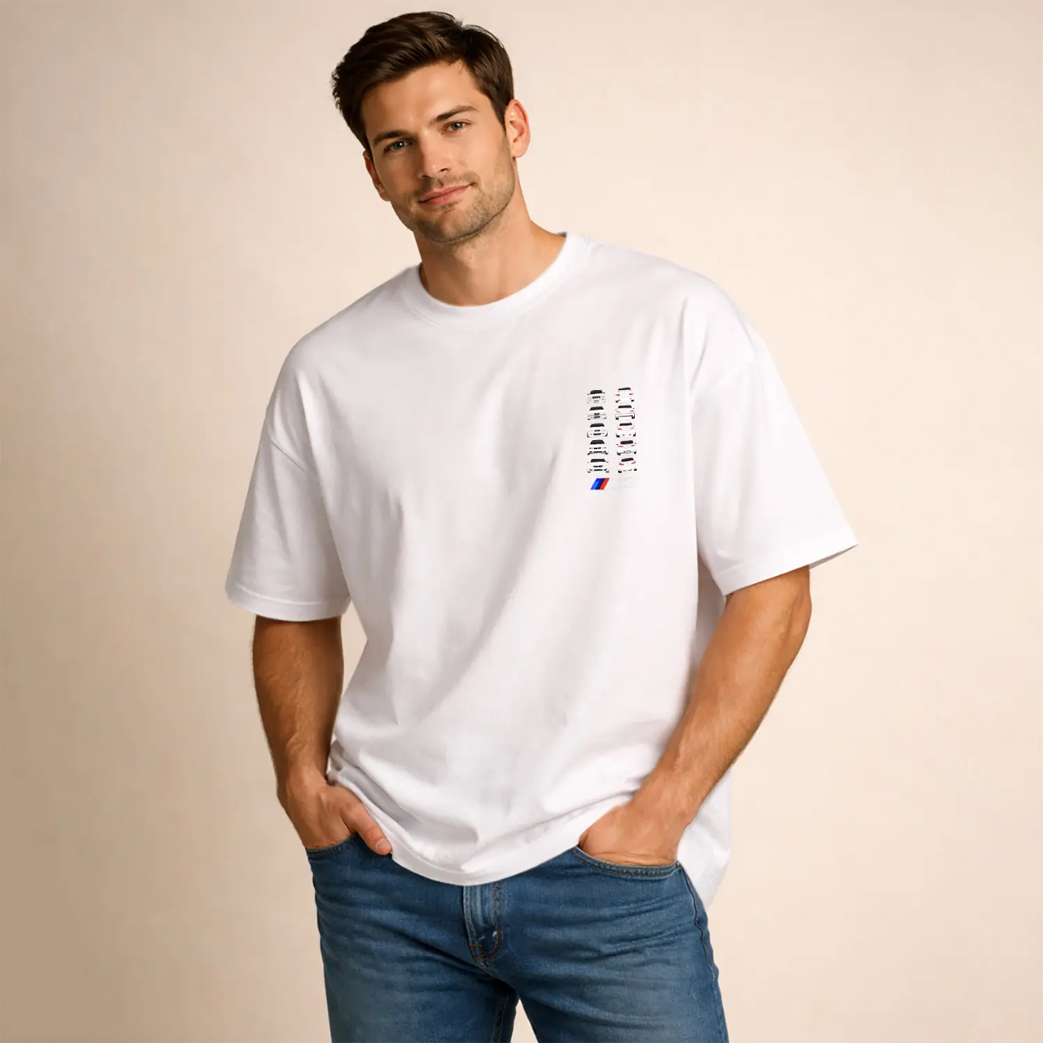 Beyaz Spor Araba Tasarımlı Erkek Baskılı Erkek Tişört