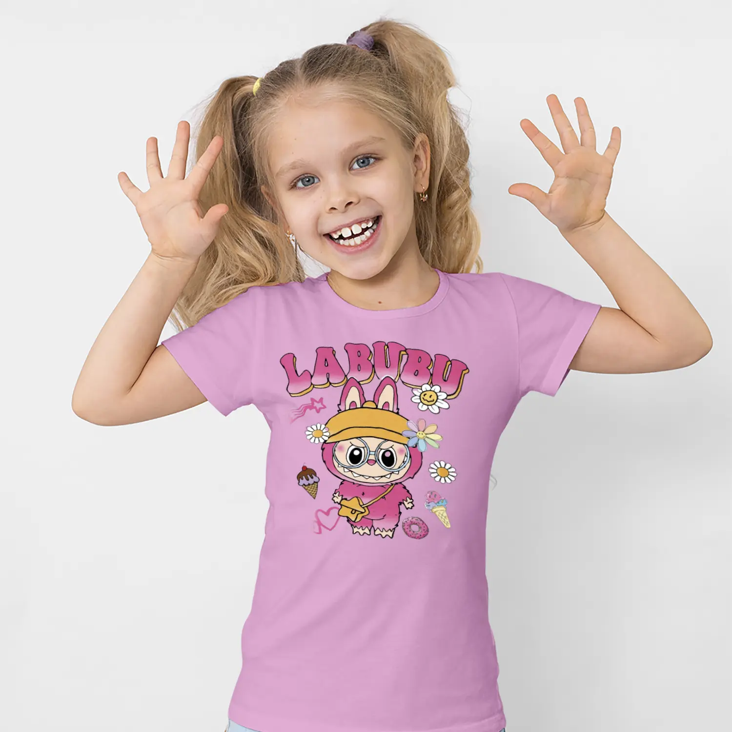 Çiçekli Şapkalı Sevimli Tavşan Karikatür Figürlü Baskılı Kız Çocuk Tişörtü