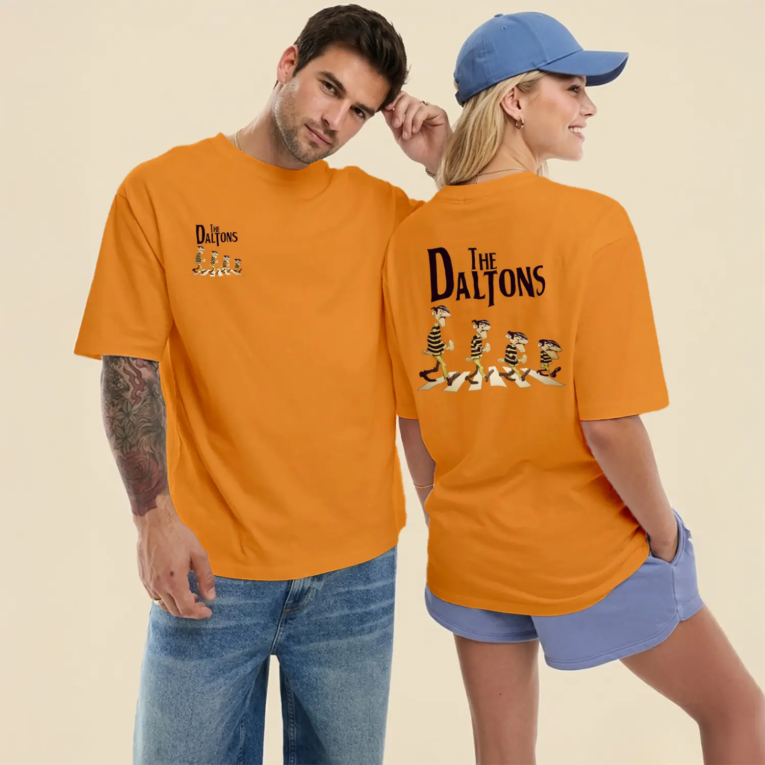 Çizgili Dört Kardeş Kovboy Karikatür Figürlü Ön Arka Baskılı Unisex Tişört