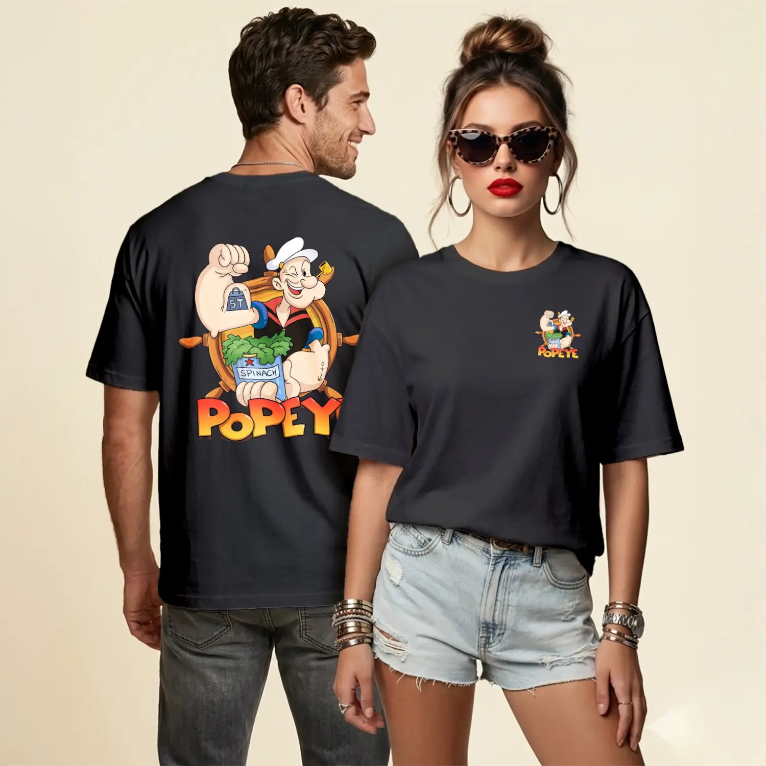 Denizci Çizgi Film Karakteri Ispanak Figürü Baskılı Unisex Tişört