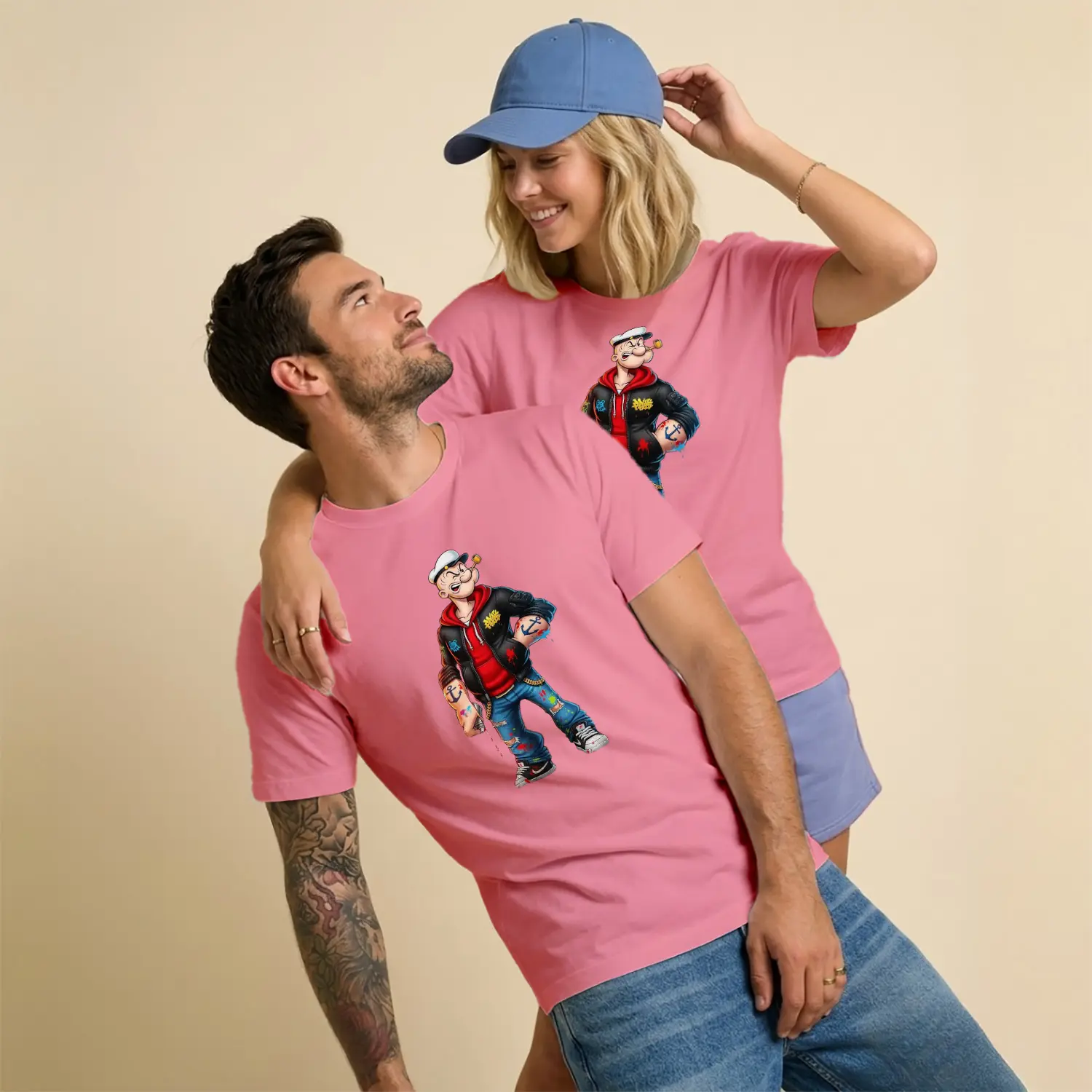 Denizci Çizgi Film Karakteri Sokak Stili Hip Hop Figürü Baskılı Unisex Tişört