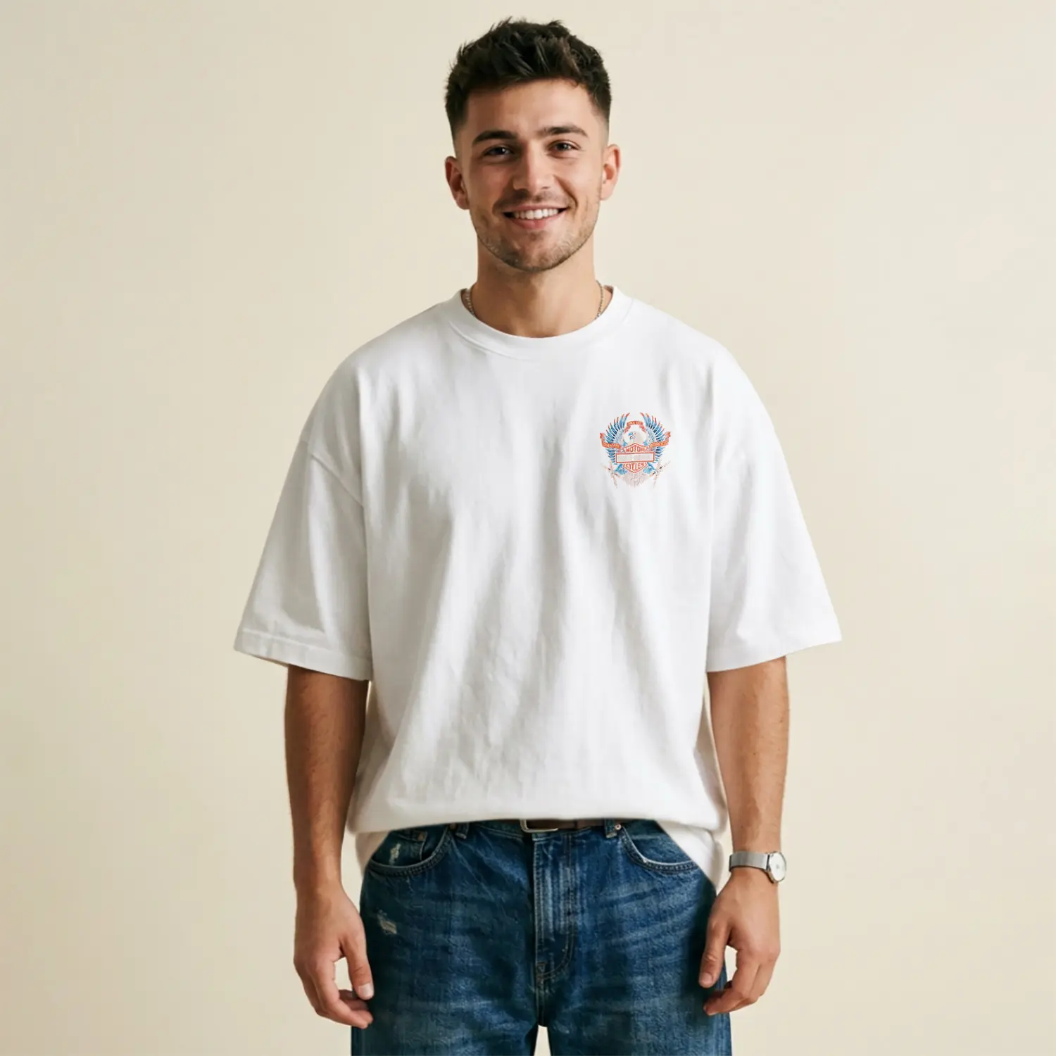 Eagles Kanatları Ve Motor Sembolü Baskılı Erkek Tişört