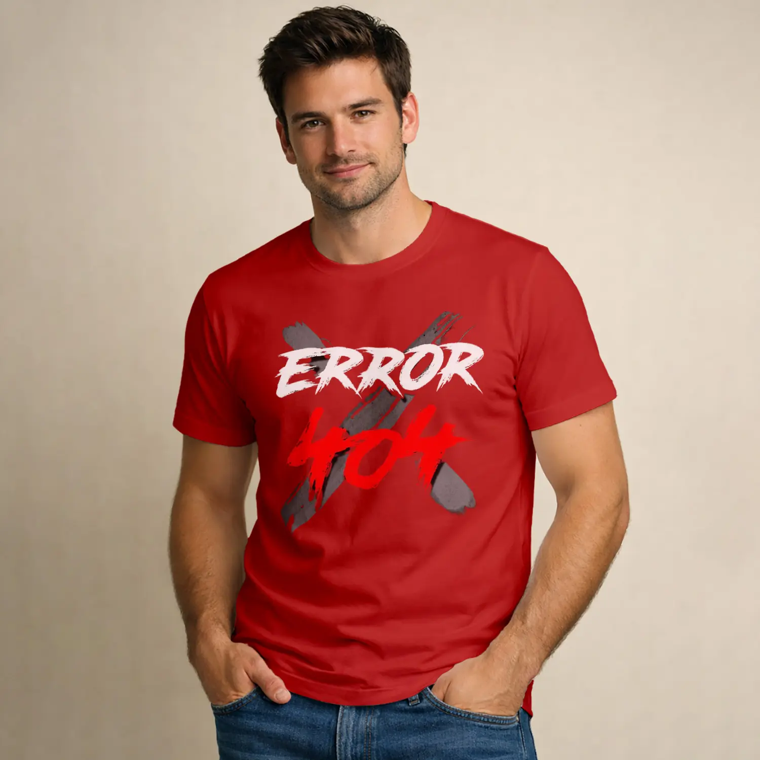 Error 404 Kırmızı Baskılı Erkek Tişört