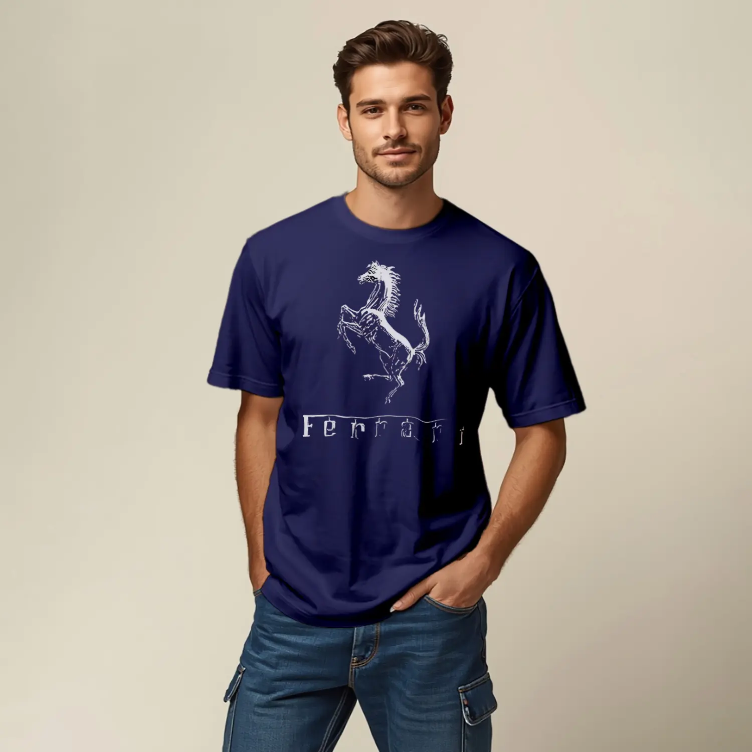 Eskiz Model At Desenli Rahat Baskılı Erkek Tişört