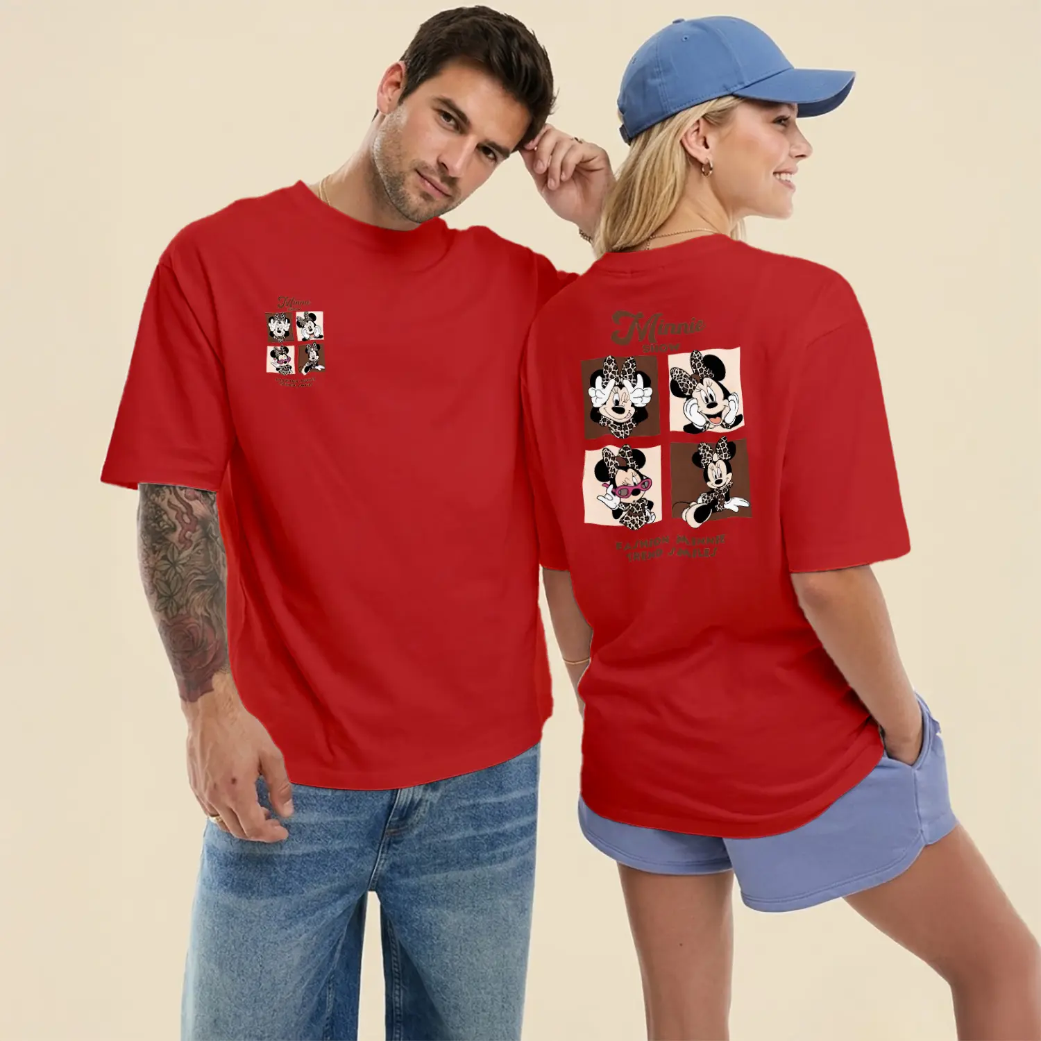 Fiyonklu Moda Fare Karikatür Show Temalı Ön Arka Baskılı Unisex Tişört