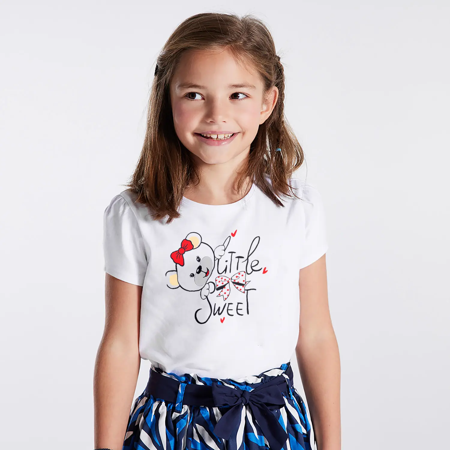 Fiyonklu Sevimli Ayicik Little Sweet Yazılı Baskılı Kiz Çocuk Tisortu Tişörtü