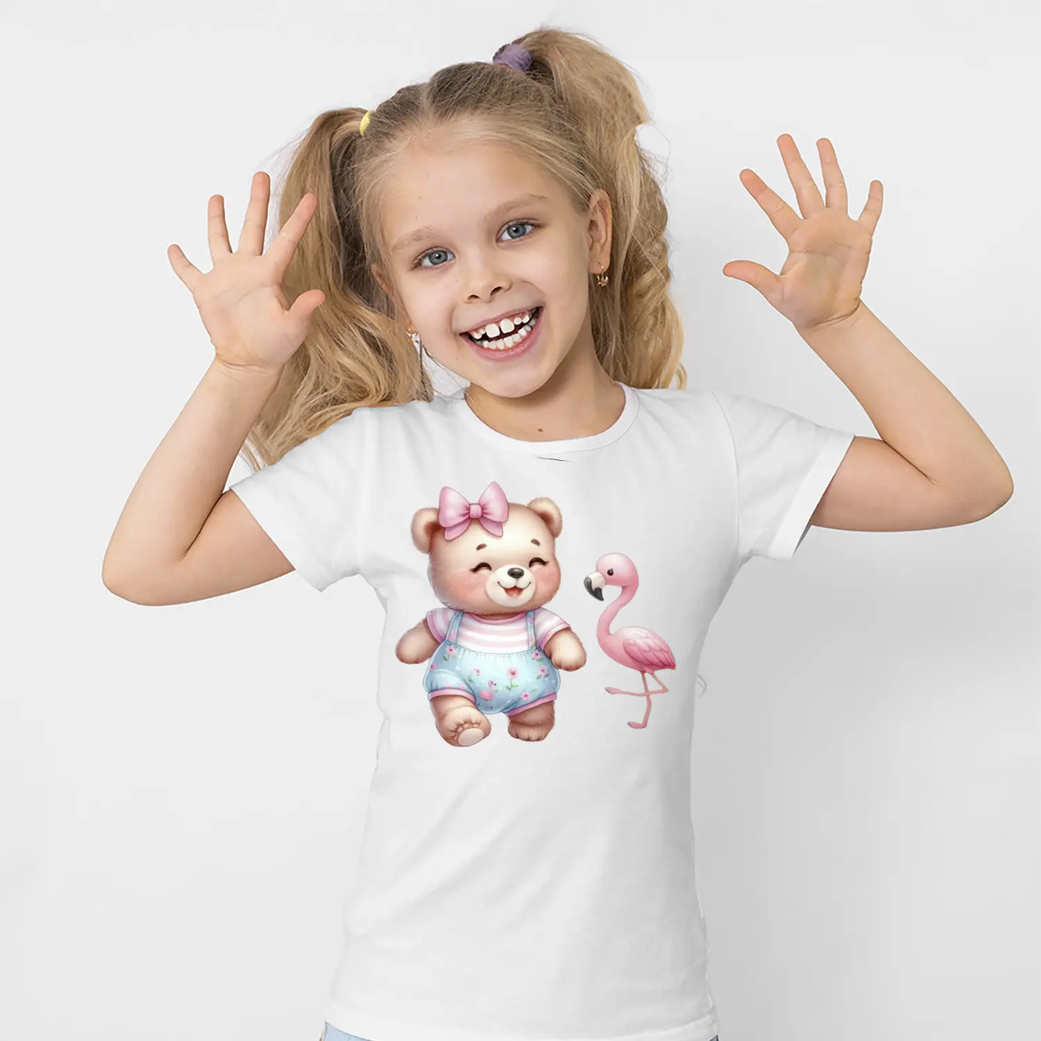 Fiyonklu Sevimli Ayicik Ve Flamingo Figürlü Baskılı Kiz Çocuk Tisortu Tişörtü