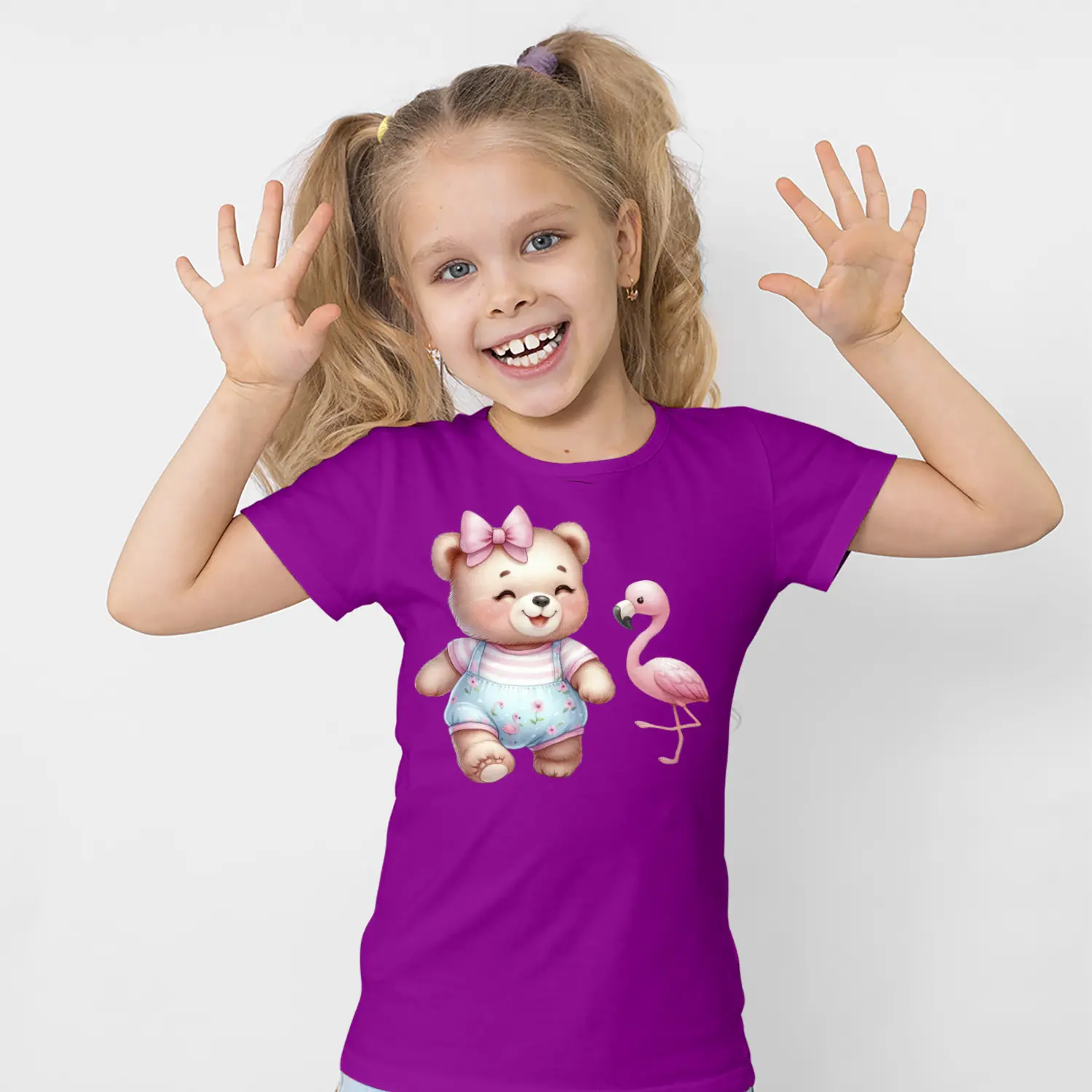 Fiyonklu Sevimli Ayıcık ve Flamingo Figürlü Baskılı Kız Çocuk Tişörtü