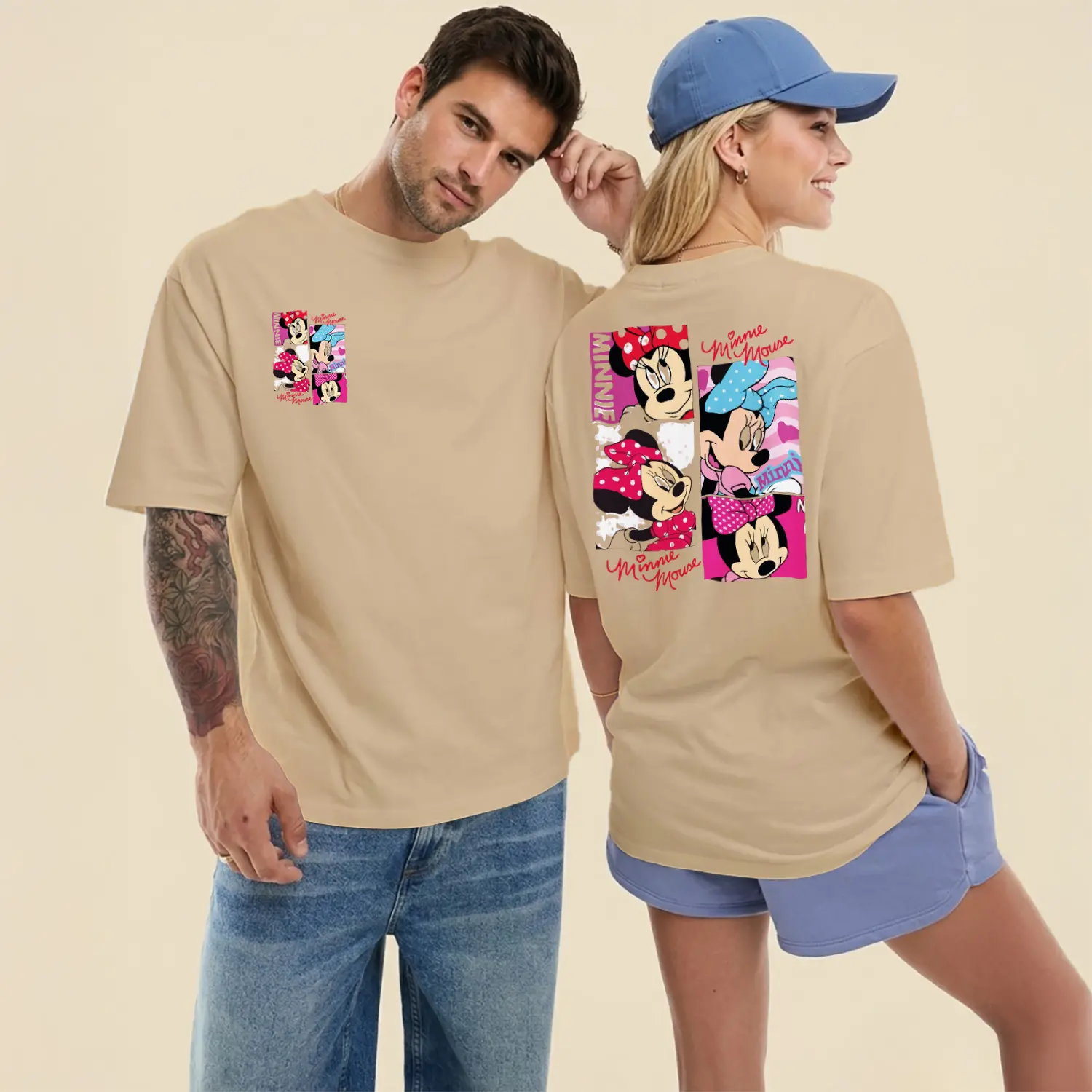 Fiyonklu Sevimli Fare Karikatür Renkli Kolaj Baskılı Unisex Tişört