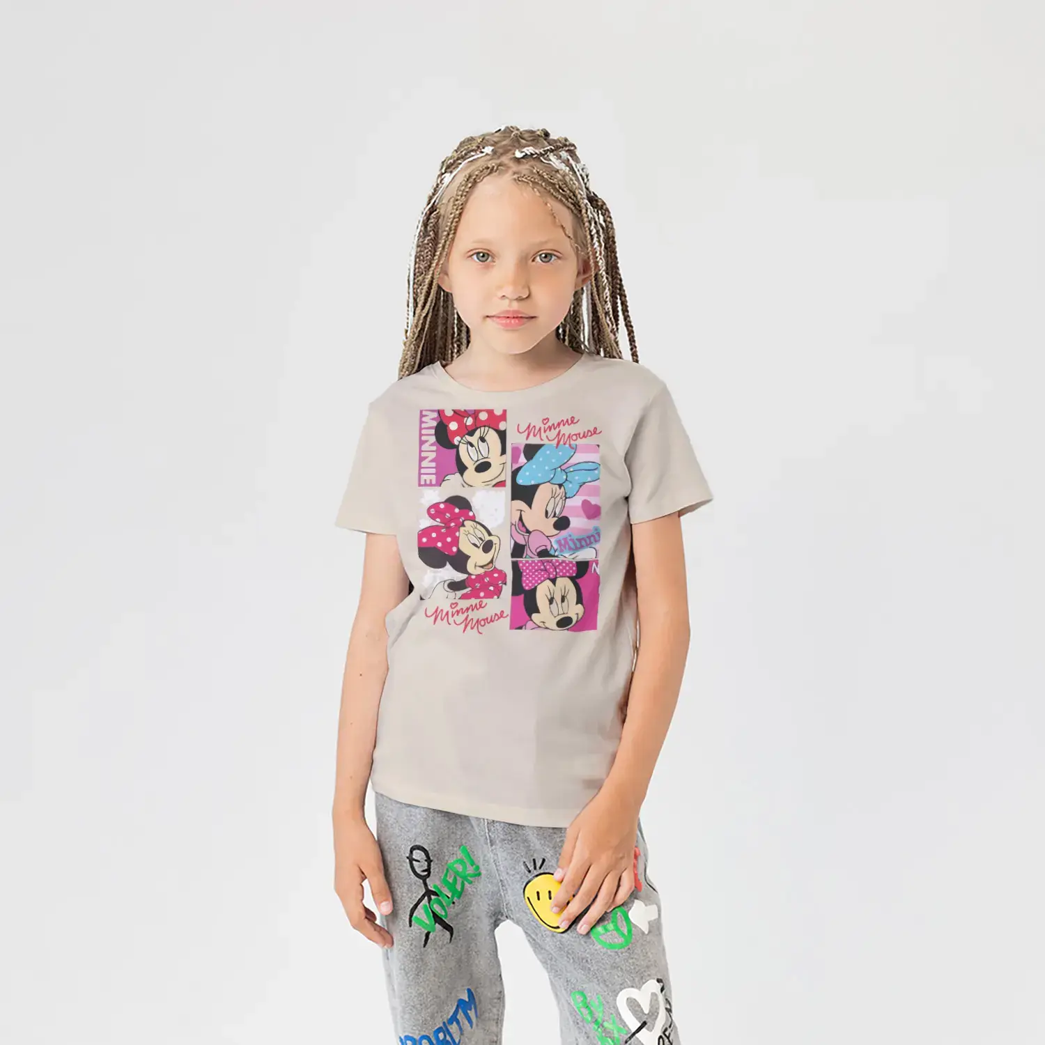 Fiyonklu Şık Fare Kahraman Pembe Kareli Baskılı Kız Çocuk Tişörtü