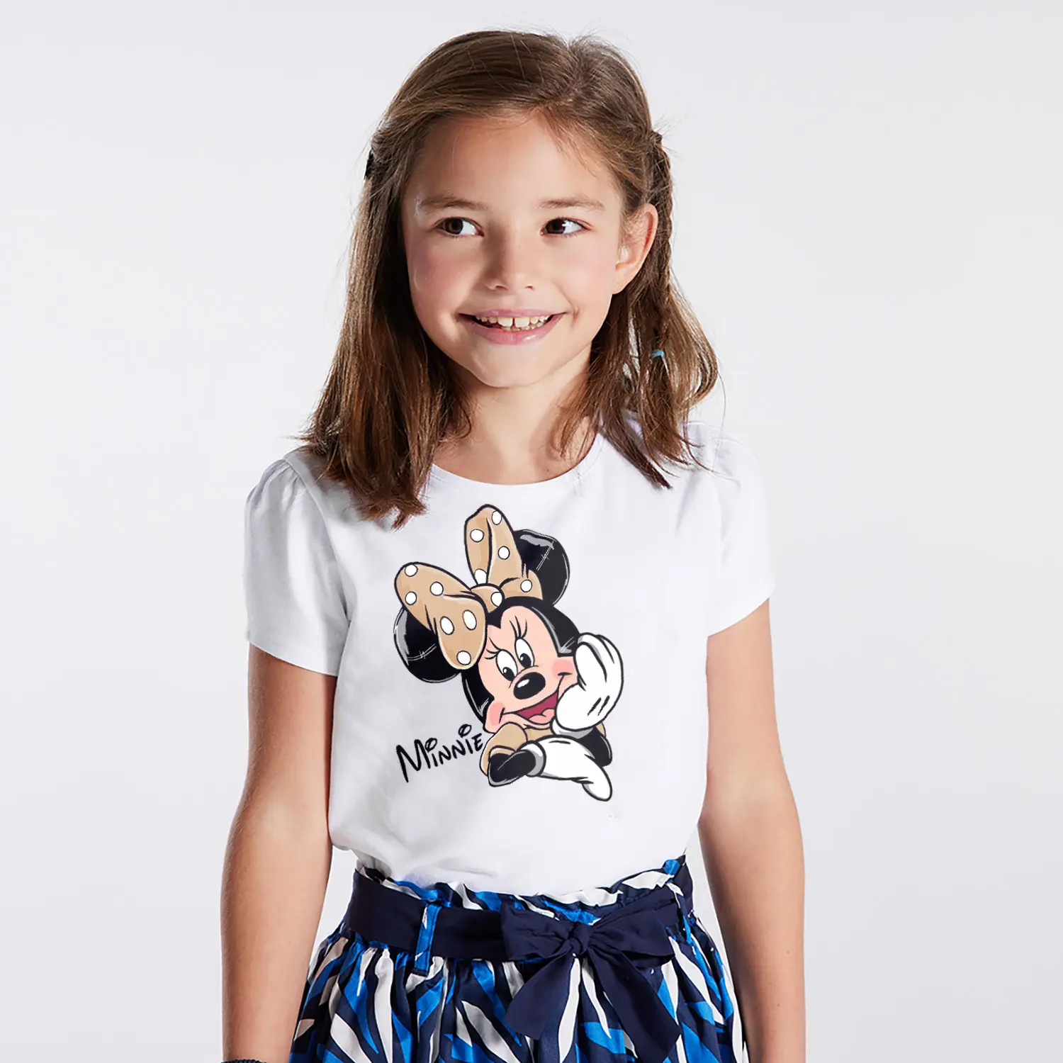 Fiyonklu Yuvarlak Kulakli Fare Karikatur Minnie Yazılı Baskılı Kiz Çocuk Tisortu Tişörtü