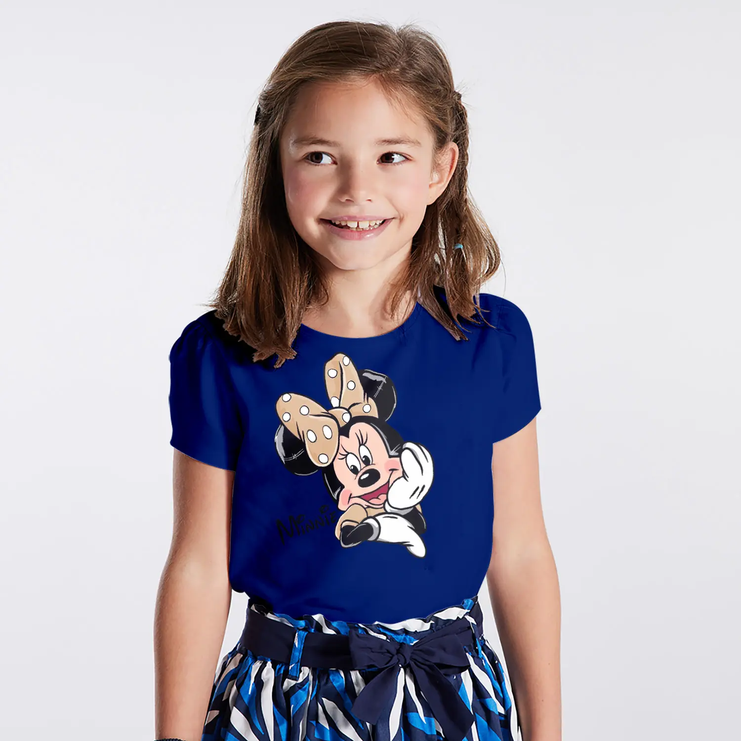 Fiyonklu Yuvarlak Kulaklı Fare Karikatür Minnie Yazılı Baskılı Kız Çocuk Tişörtü
