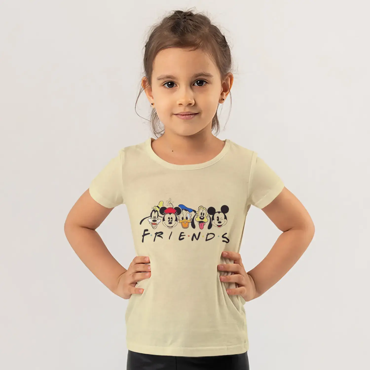 Friends Yazılı Beşli Sevimli Karikatür Hayvan Yüzleri Baskılı Kız Çocuk Tişörtü