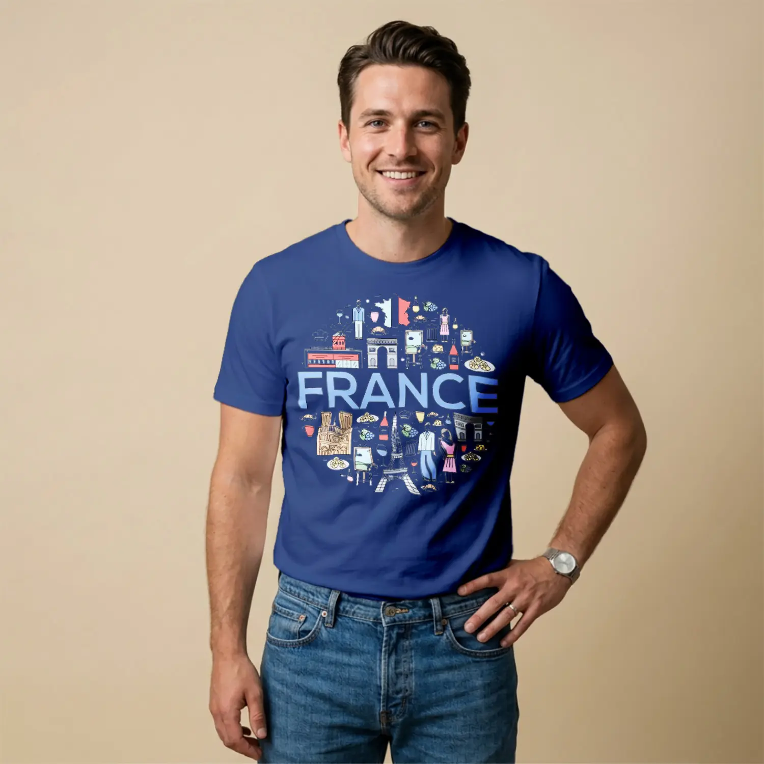 Geometrik Paris Temalı Modern Baskılı Erkek Tişört