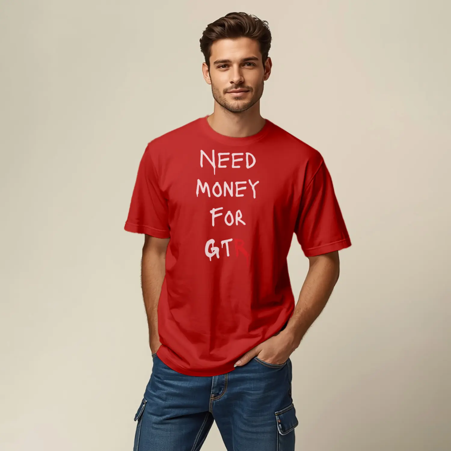 Gitar Aşkı Yazılı Kırmızı Baskılı Erkek Tişört