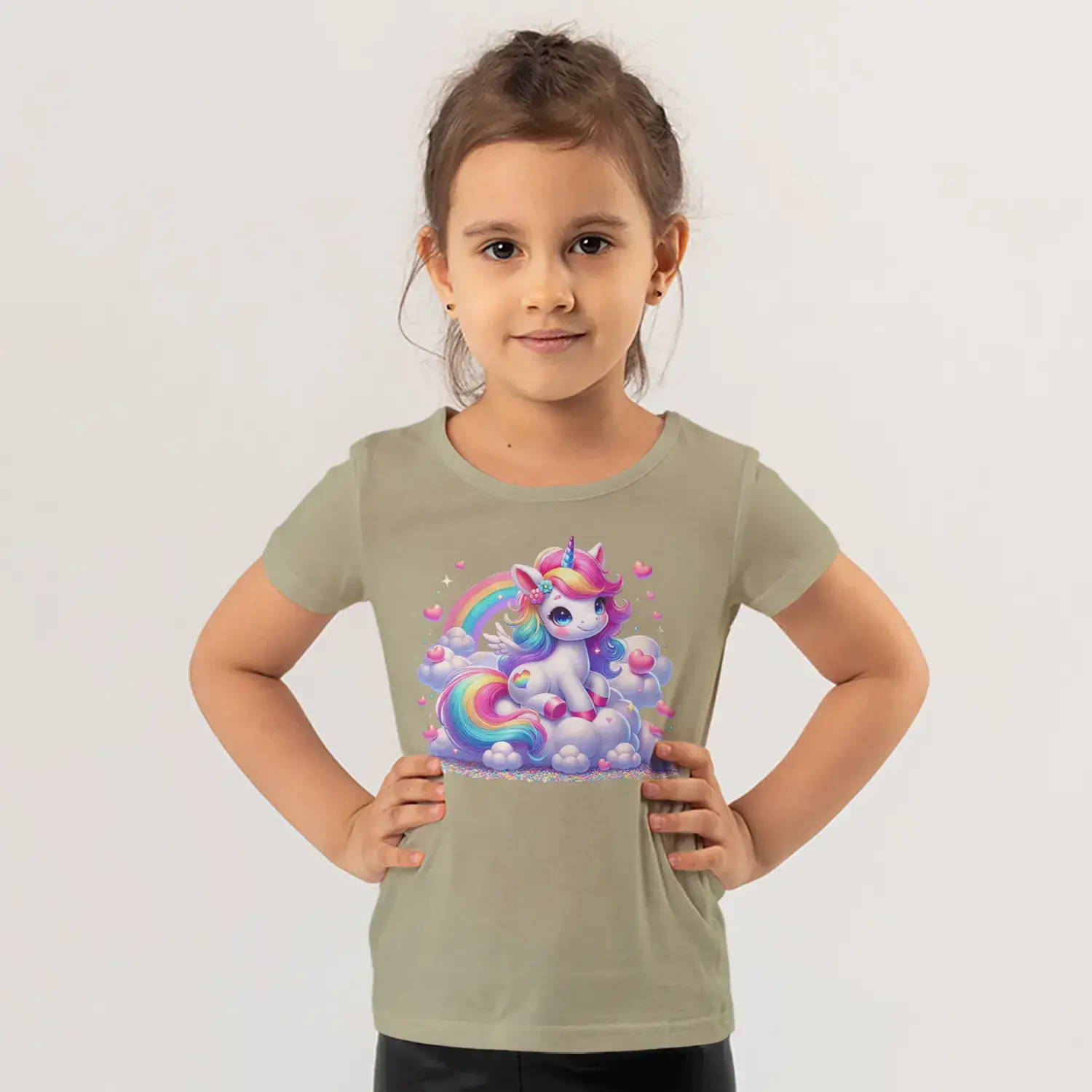 Gökkuşağı Bulutlu Boynuzlu Sevimli Tek Boynuzlu At Kalp Baskılı Kız Çocuk Tişörtü
