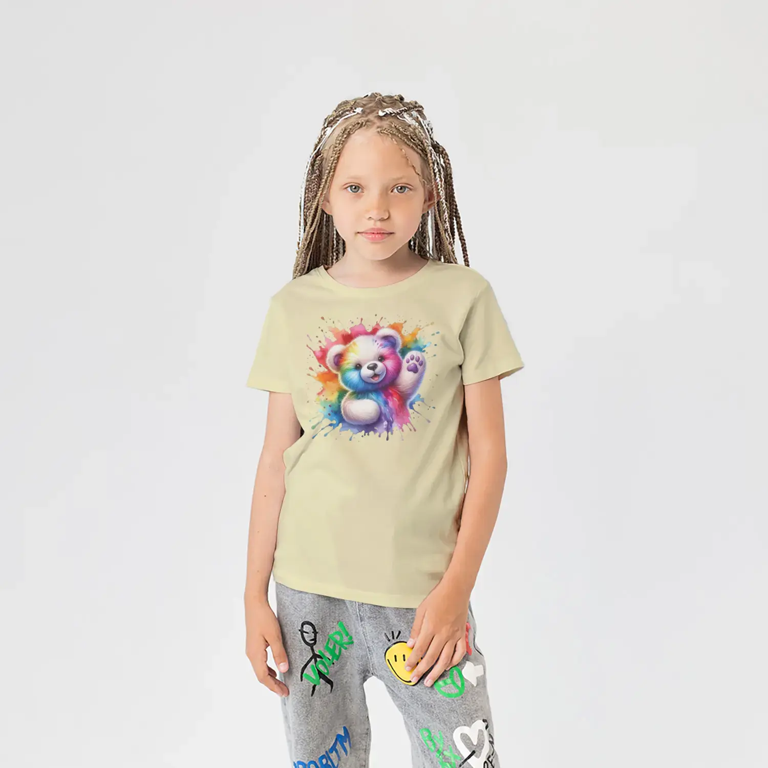 Gökkuşağı Renkli Sevimli Ayıcık Baskılı Kız Çocuk Tişörtü