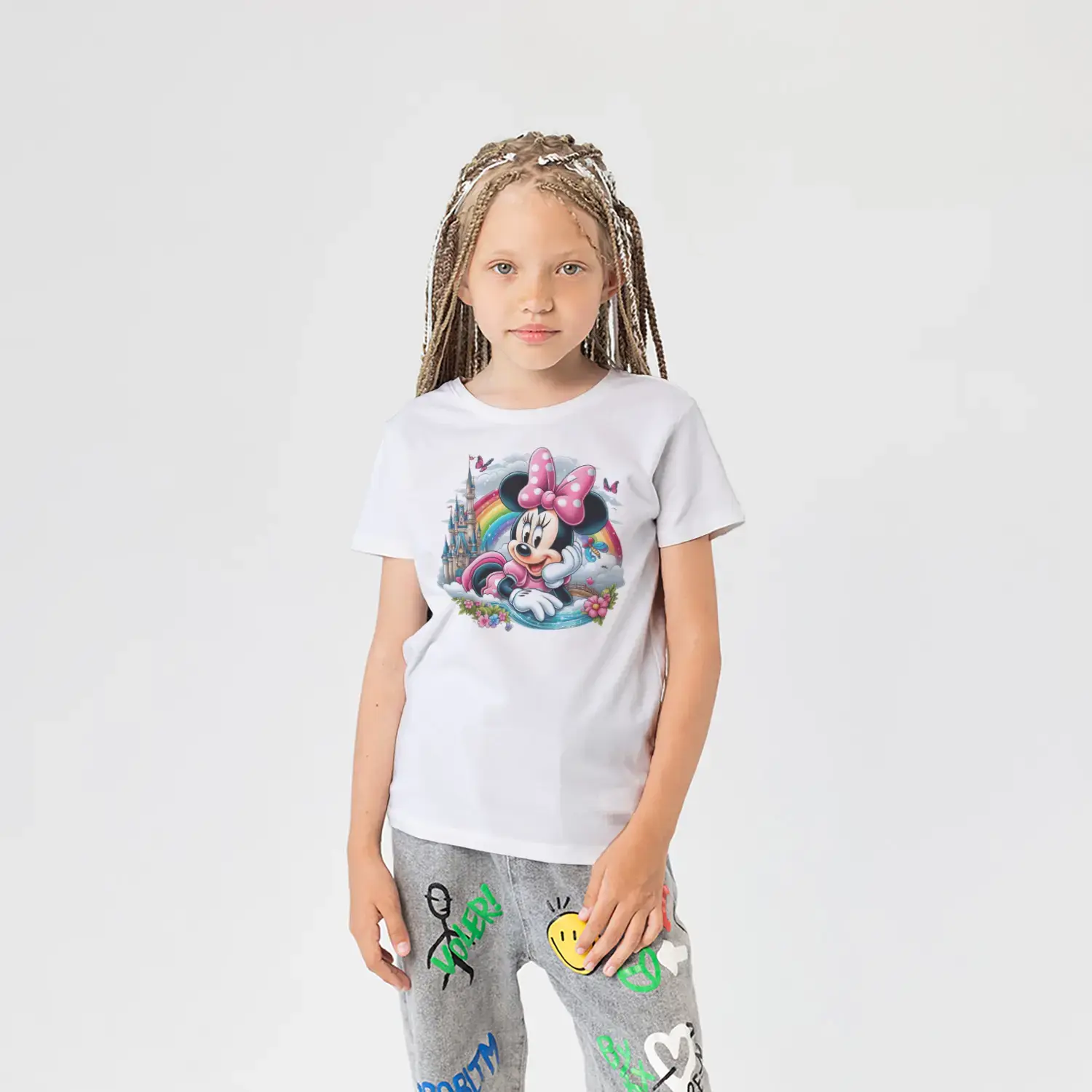 Gokkusagi Ve Satolu Pembe Fiyonklu Fare Kahraman Baskılı Kiz Çocuk Tisortu Tişörtü