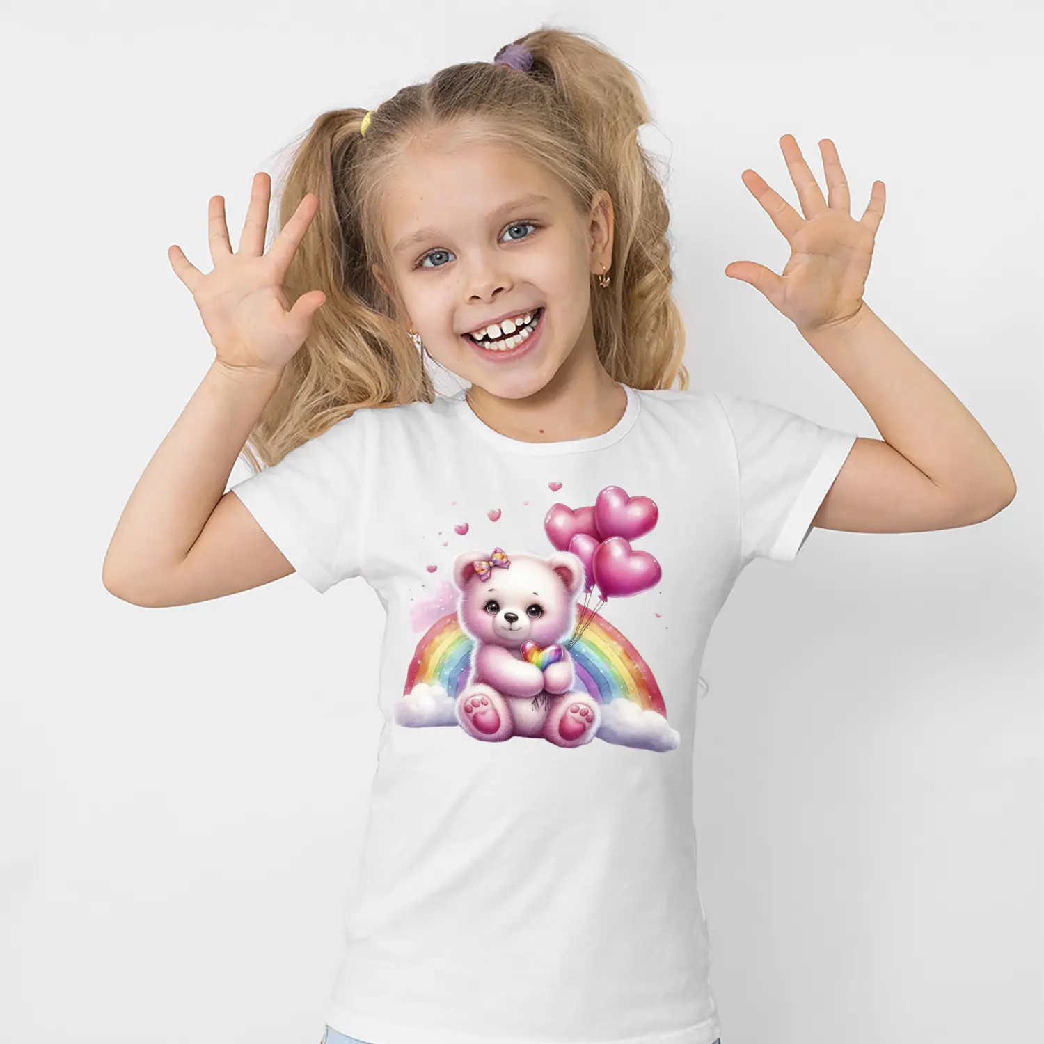 Gokkusakli Kalpli Balon Tutan Pembe Ayicik Figürlü Baskılı Kiz Çocuk Tisortu Tişörtü