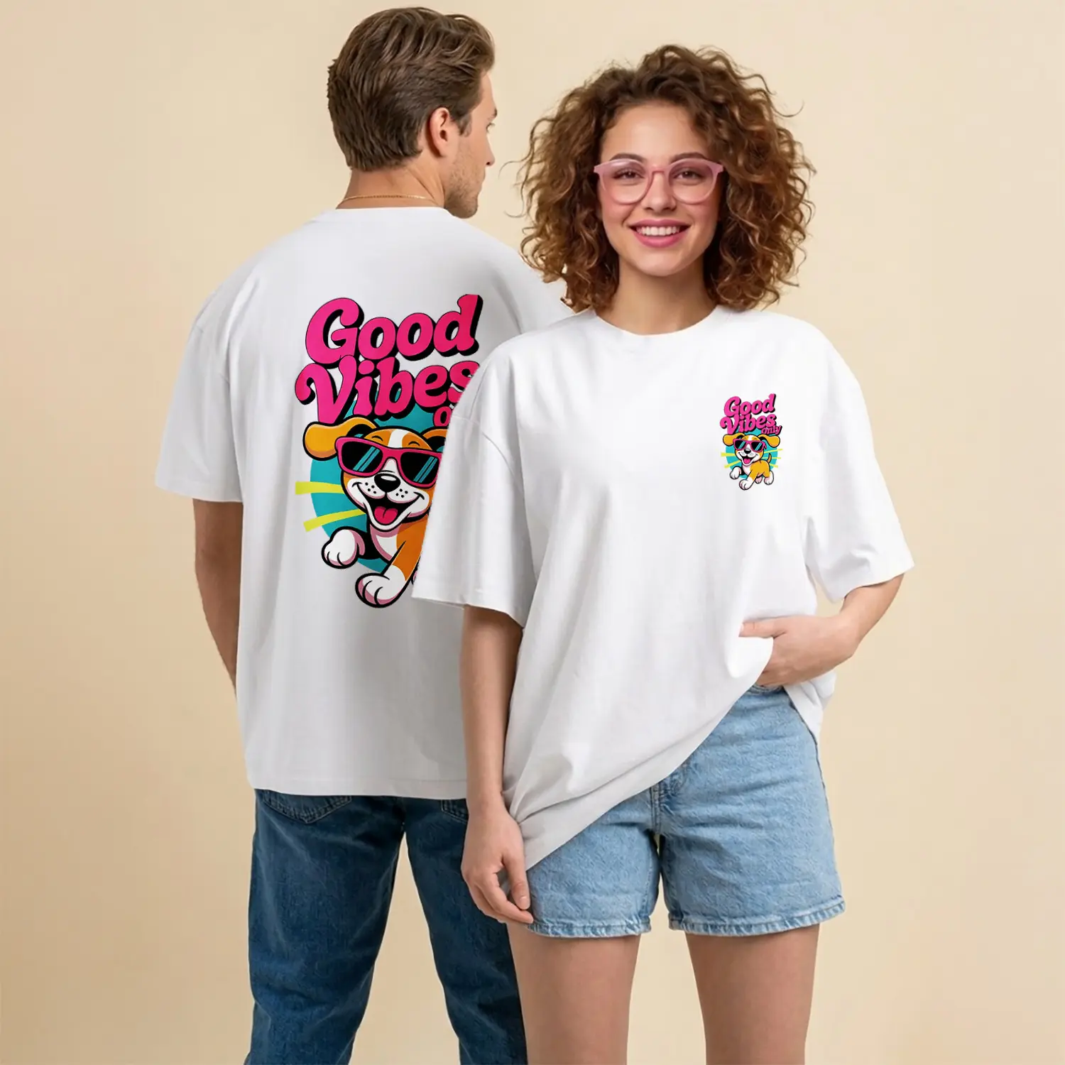 Good Vibes Only Güneş Gözlüklü Köpek Figürü Baskılı Unisex Tişört