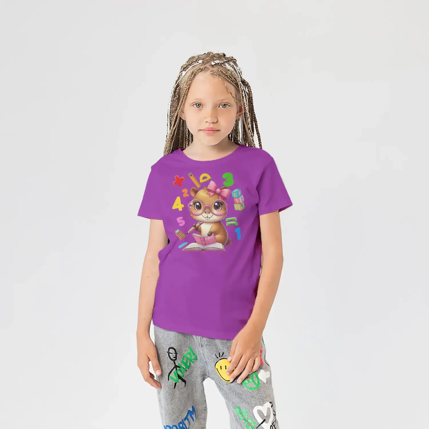 Gözlüklü Minik Hamster Matematik Temalı Kız Çocuk Tişörtü