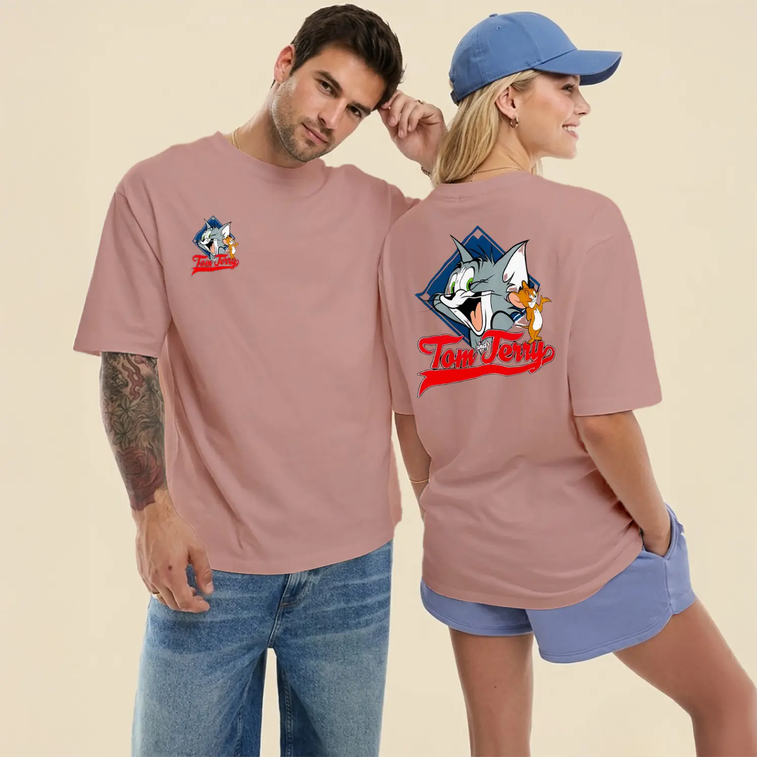 Gülen Kedi ve Fare Karikatür Figürlü Ön Arka Baskılı Unisex Tişört