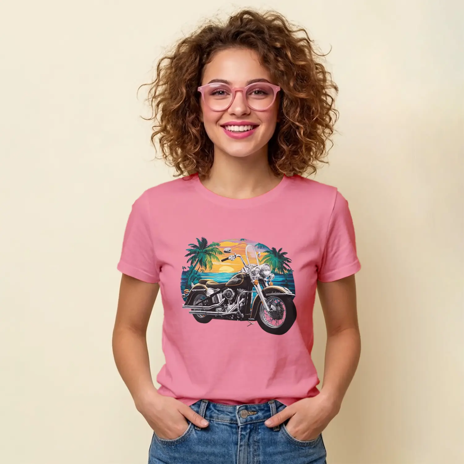 Gün Batımı Palmiye Ve Motosiklet Baskılı Kadın Tişört