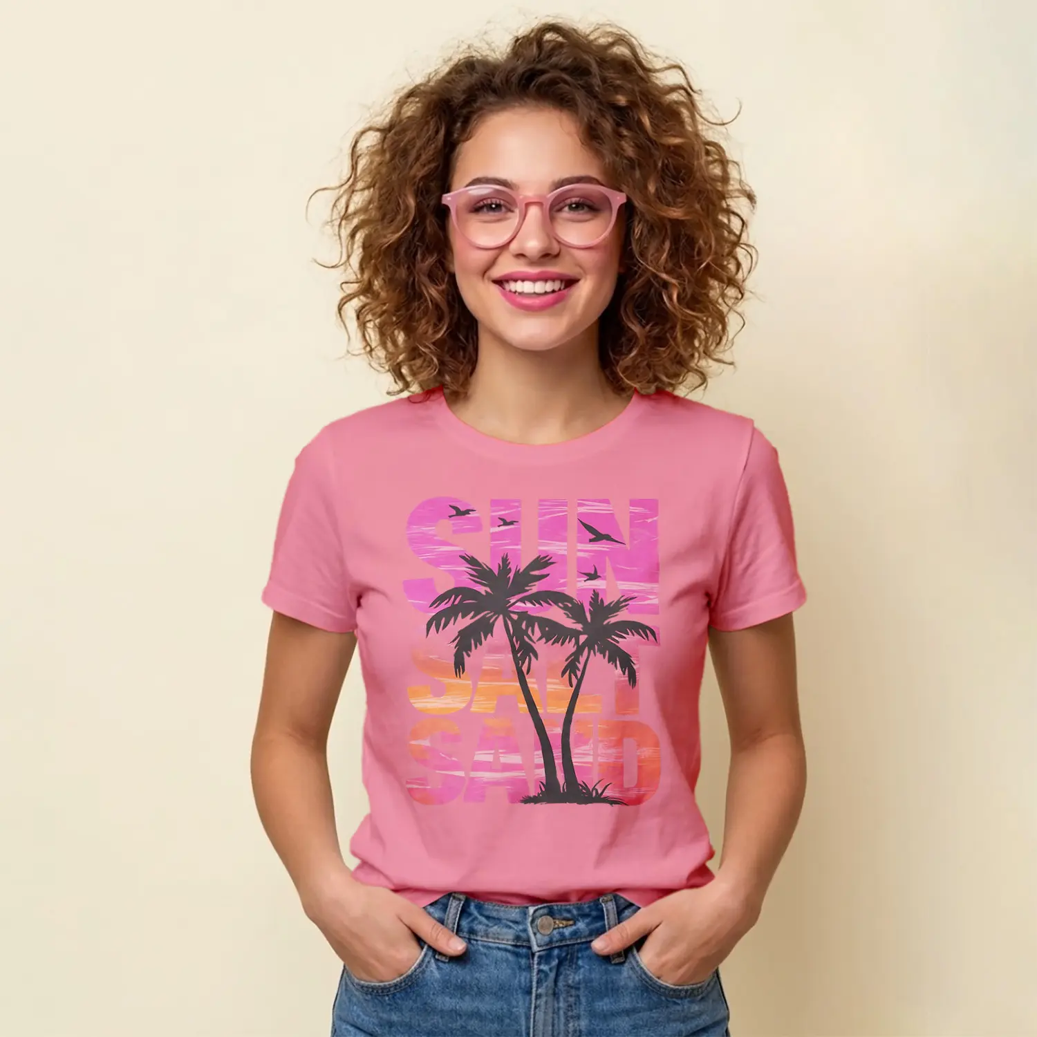 Güneş Deniz Palmiye Yaz Temalı Baskılı Kadın Tişört
