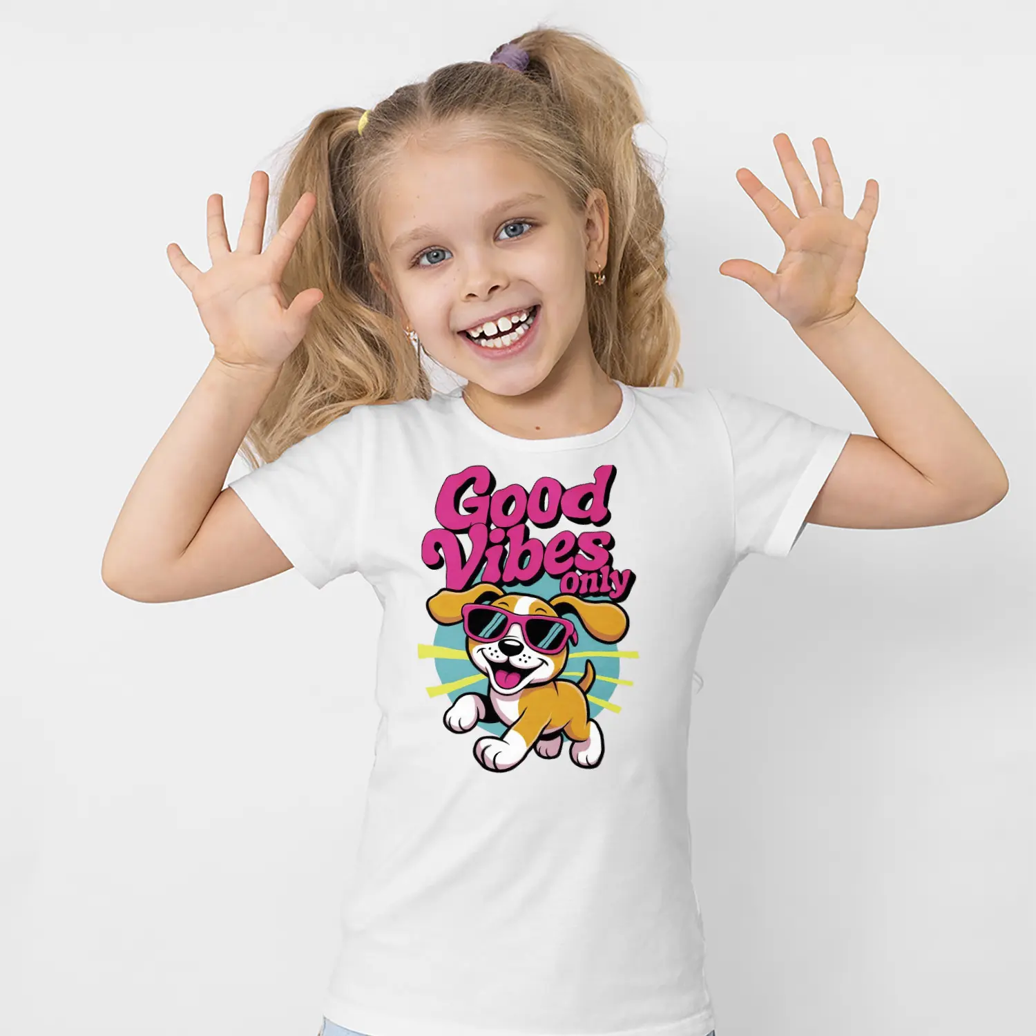 Gunes Gozluklu Yavru Kopek Good Vibes Only Yazılı Baskılı Kiz Çocuk Tisortu Tişörtü