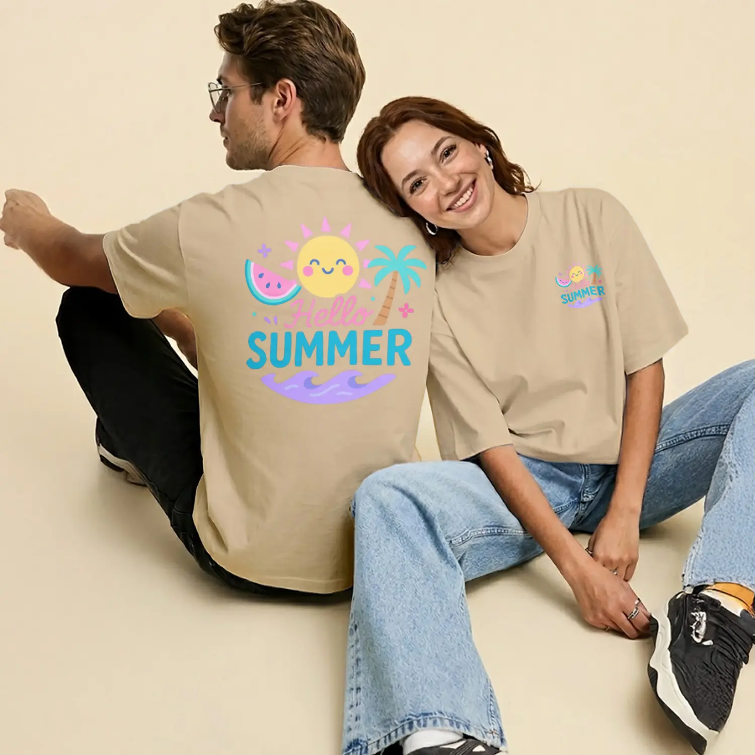Hello Summer Kawaii Güneş Palmiye Karpuz Baskılı Unisex Tişört
