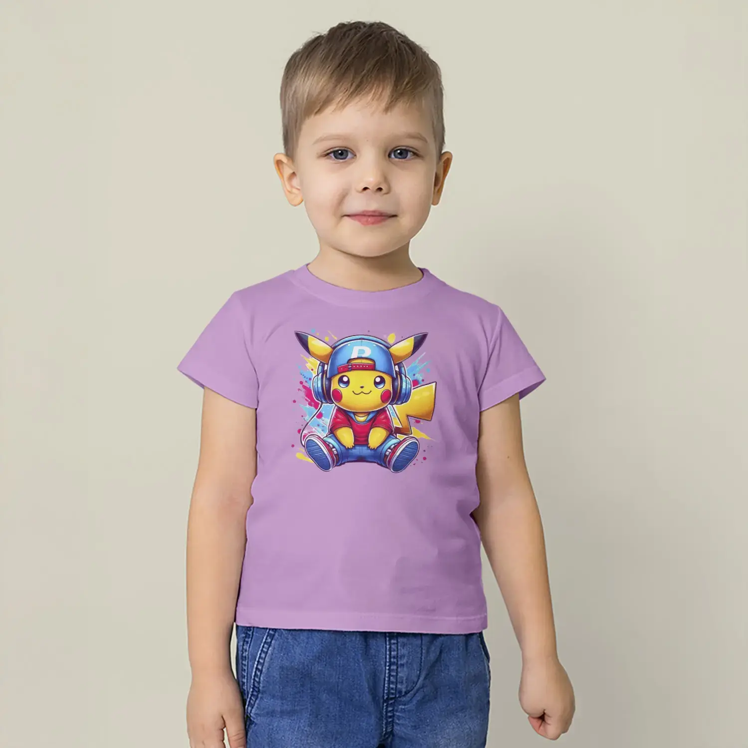 Hip Hop Pikachu Tarzı Elektrik Karakter Baskılı Erkek Çocuk Tişört