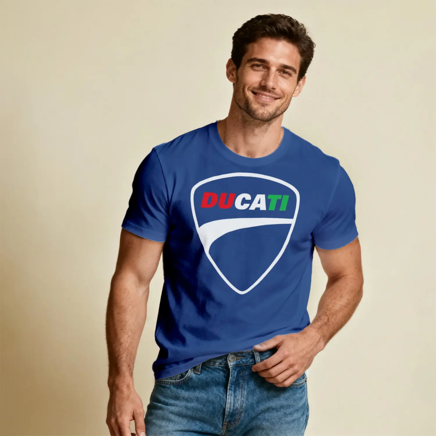 İtalyan Motosiklet Markası Kalkan Logo Renkli Baskılı Erkek Tişört