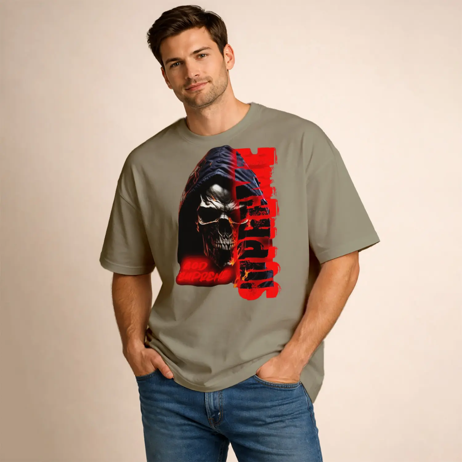 Kafatası Kapşonlu Kırmızı Yazılı Baskılı Erkek Tişört