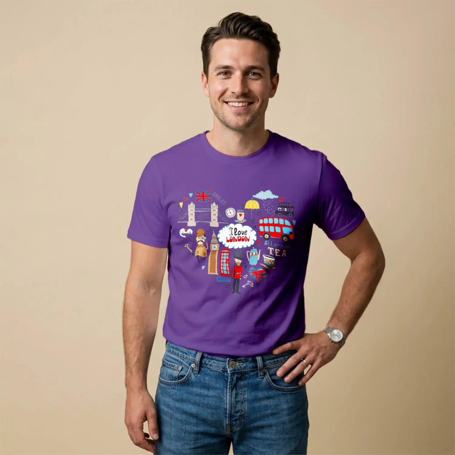 Kalp Desenli Trend Çizim Baskılı Erkek Tişört