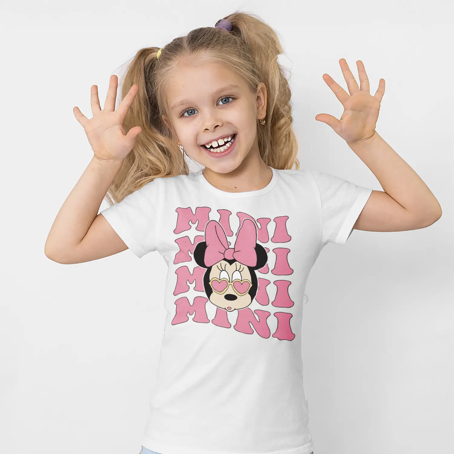 Kalp Gozluklu Yuvarlak Kulakli Fare Karikatur Mini Yazılı Baskılı Kiz Çocuk Tisortu Tişörtü