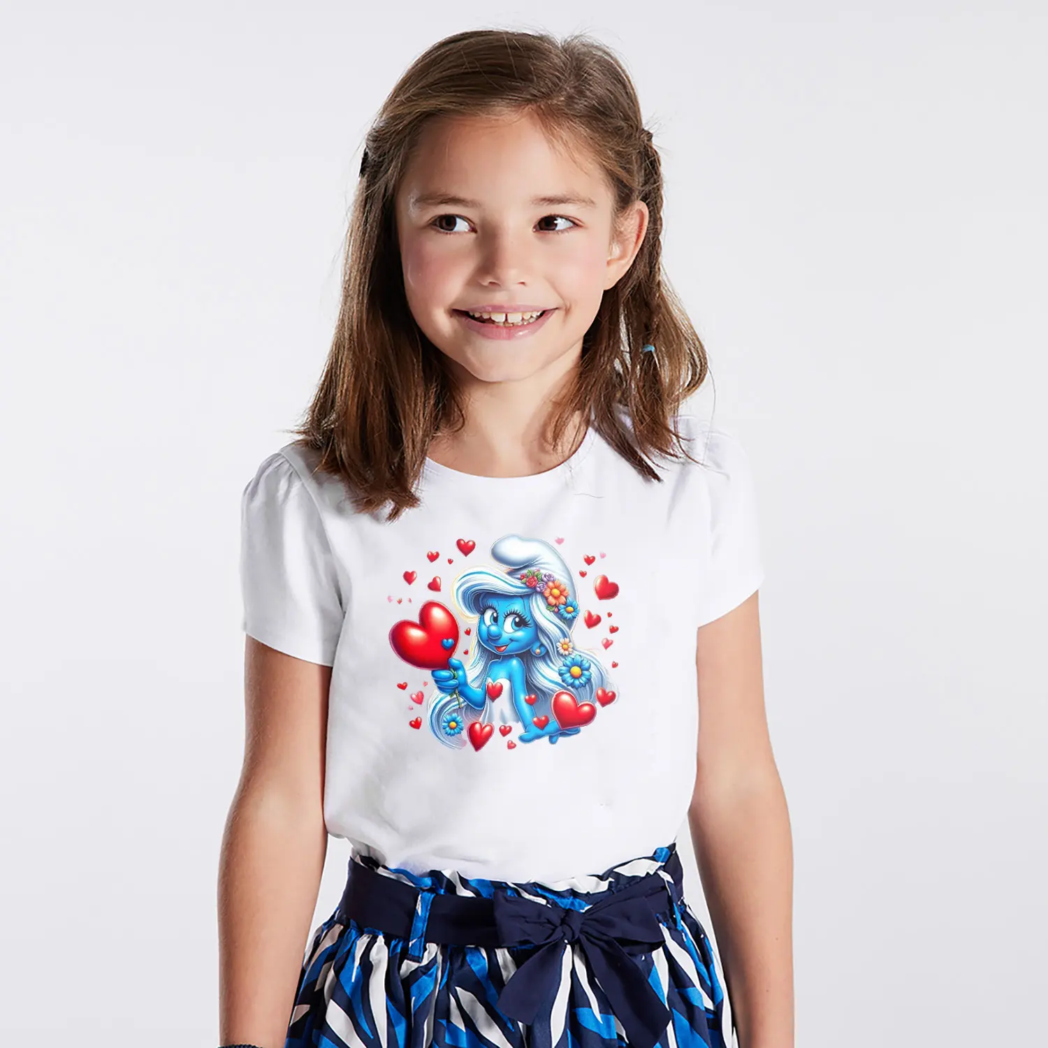 Kalpli Cicekli Mavi Cuce Kiz Karikatur Figürlü Baskılı Kiz Çocuk Tisortu Tişörtü