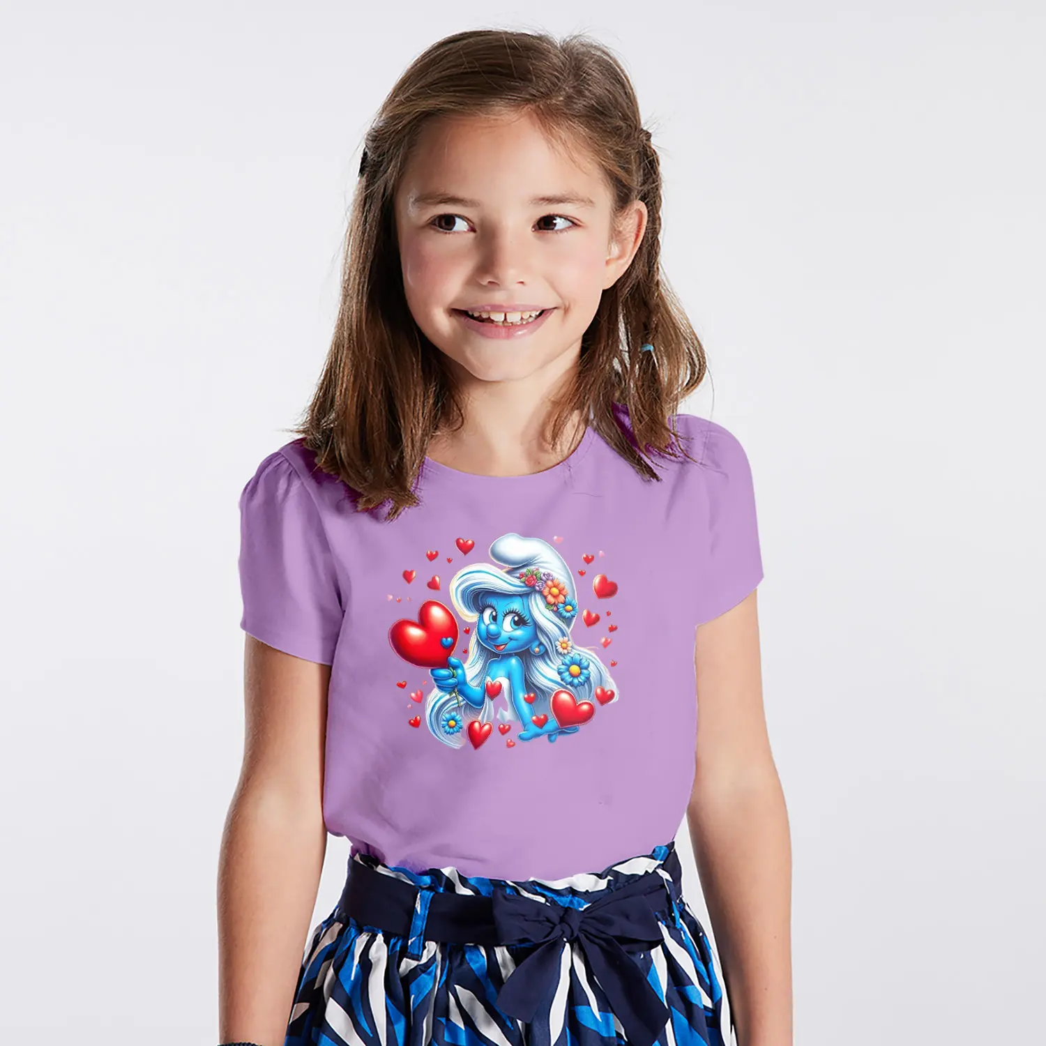 Kalpli Çiçekli Mavi Cüce Kız Karikatür Figürlü Baskılı Kız Çocuk Tişörtü