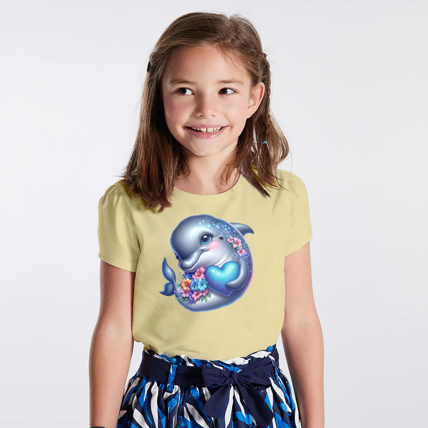 Kalpli Çiçekli Sevimli Yunus Figürlü Baskılı Kız Çocuk Tişörtü