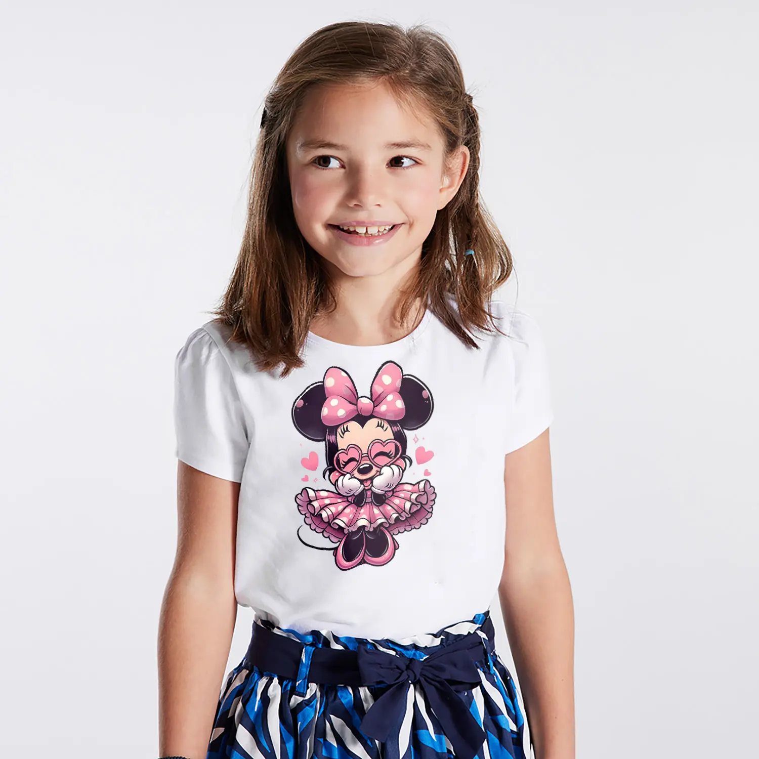 Kalpli Fiyonklu Yuvarlak Kulakli Fare Karikatur Figürlü Baskılı Kiz Çocuk Tisortu Tişörtü