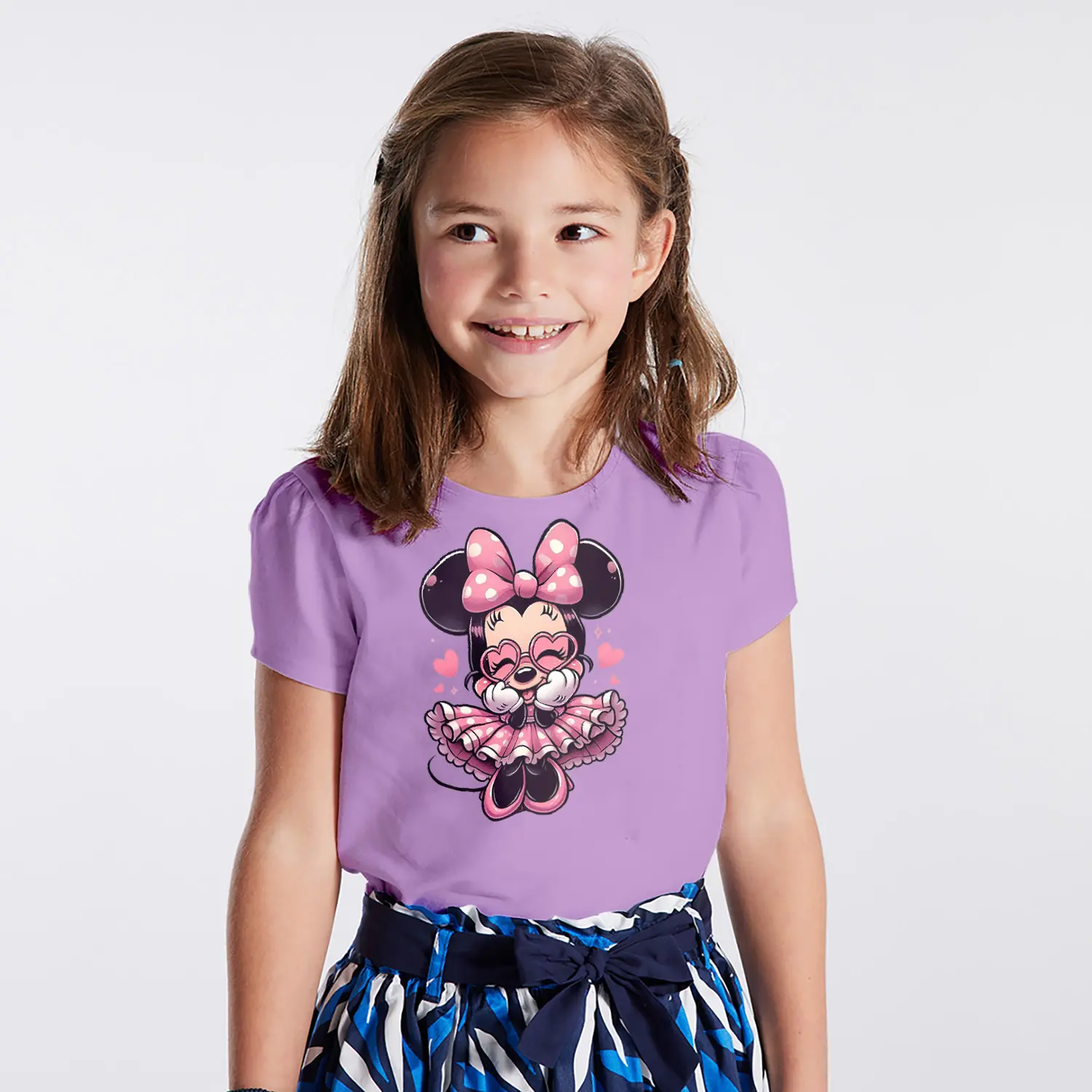 Kalpli Fiyonklu Yuvarlak Kulaklı Fare Karikatür Figürlü Baskılı Kız Çocuk Tişörtü