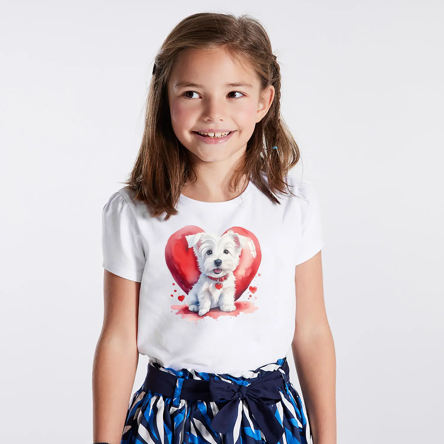 Kalpli Sevimli Beyaz Yavru Kopek Figürlü Baskılı Kiz Çocuk Tisortu Tişörtü