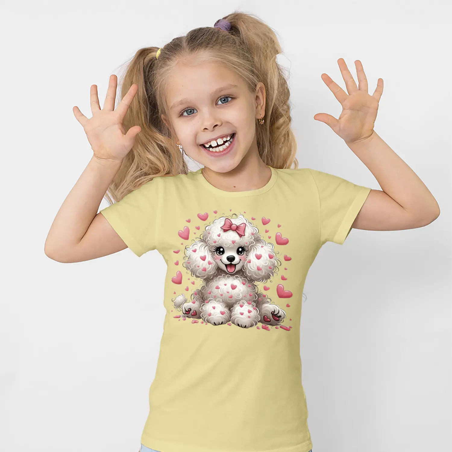 Kalpli Sevimli Kıvırcık Köpek Figürlü Baskılı Kız Çocuk Tişörtü