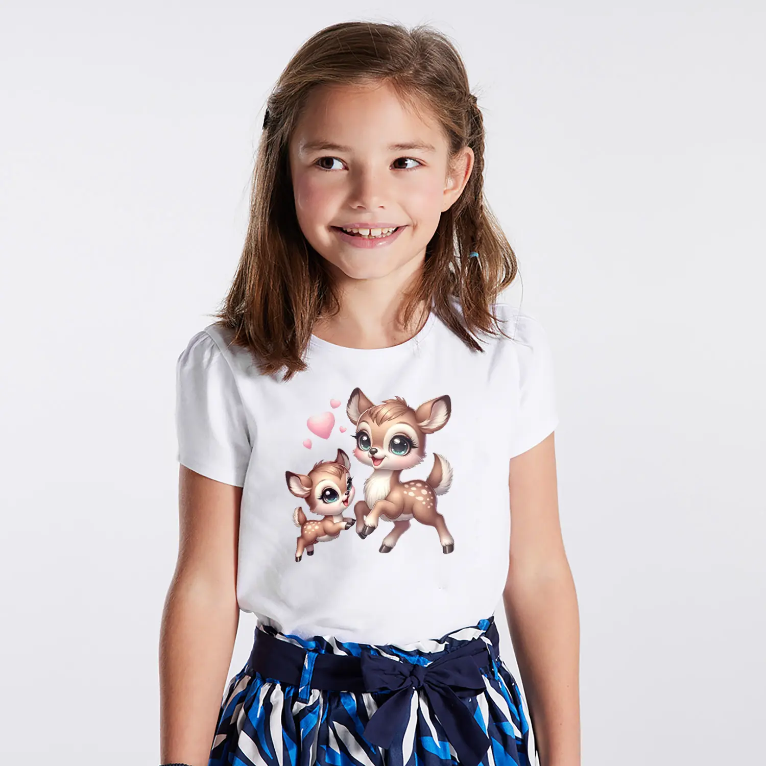 Kalpli Sevimli Yavru Geyik Ikili Figürlü Baskılı Kiz Çocuk Tisortu Tişörtü